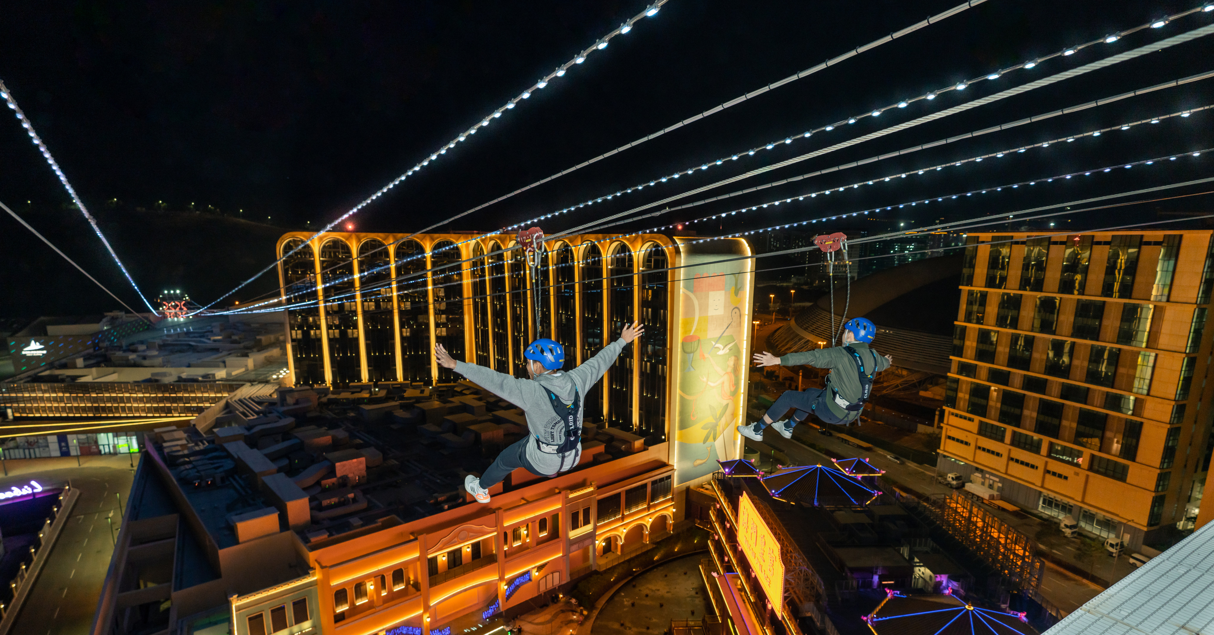 Macau’s just-opened ZipCity zipline attraction offers evening excursions over Cotai accompanied by an audiovisual show illuminated by more than 100,000 LED lights. Night tourism is expected to be a significant draw as Chinese tourists return to global destinations. Photo: ZipCity