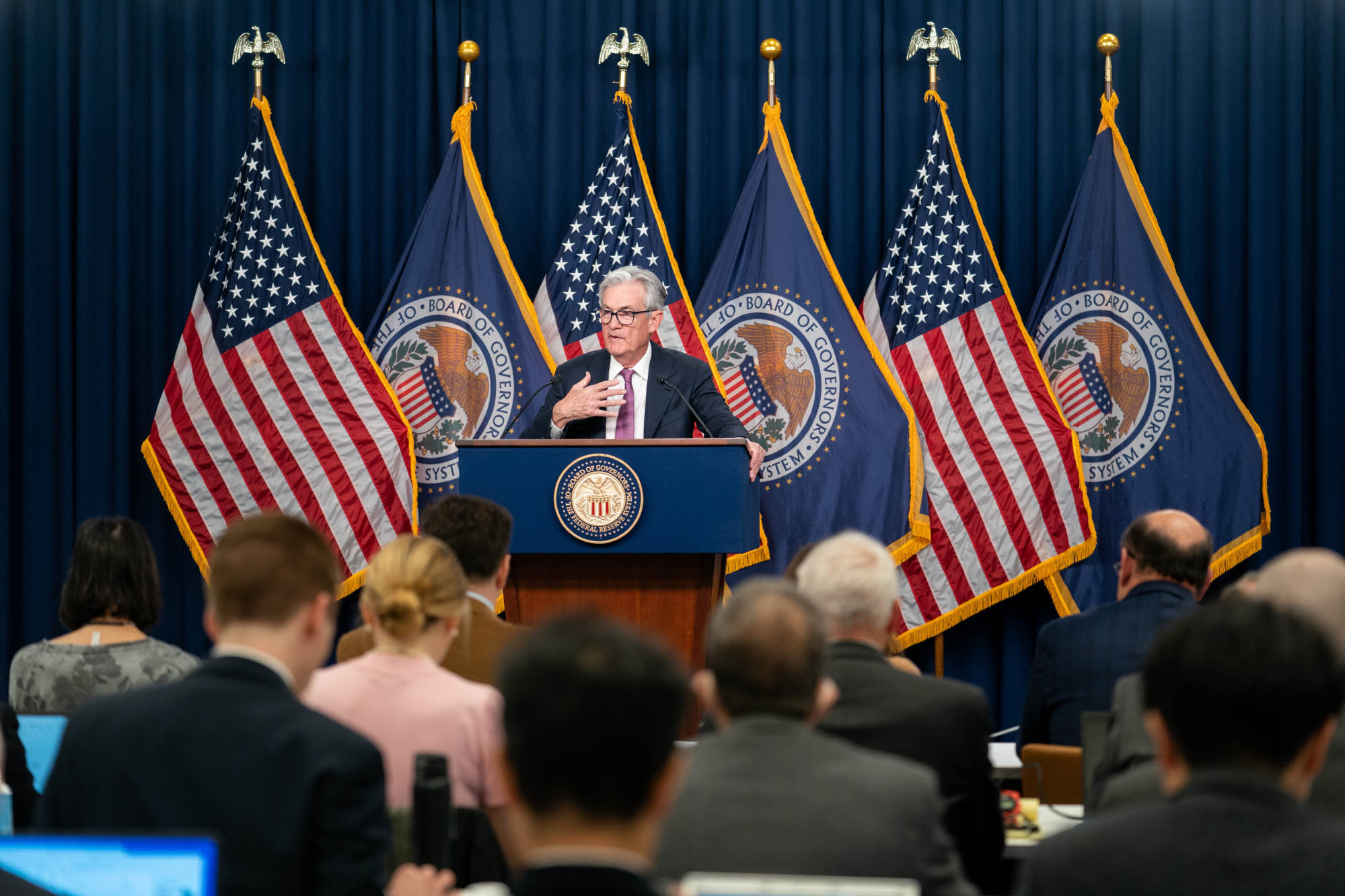 Fed Chair Jerome Powell briefs US media in Washington on February 1 after its rate decision. Photo: Xinhua