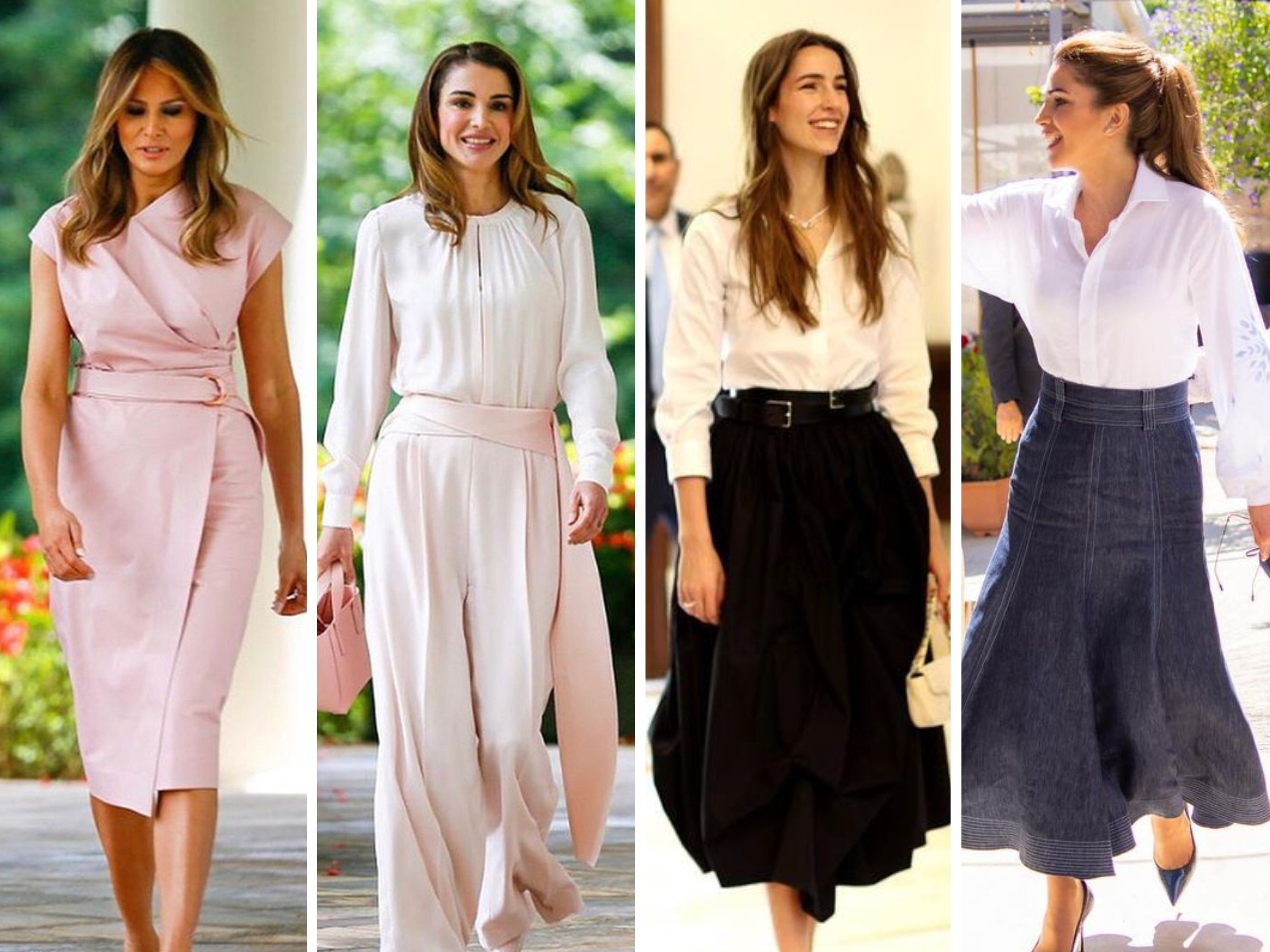 Queen Rania has twinned with many celebrities over the years, including Melania Trump as well as her own future daughter-in-law, Rajwa Al Saif. Photos: @queenrania, @alhusseinjo/Instagram