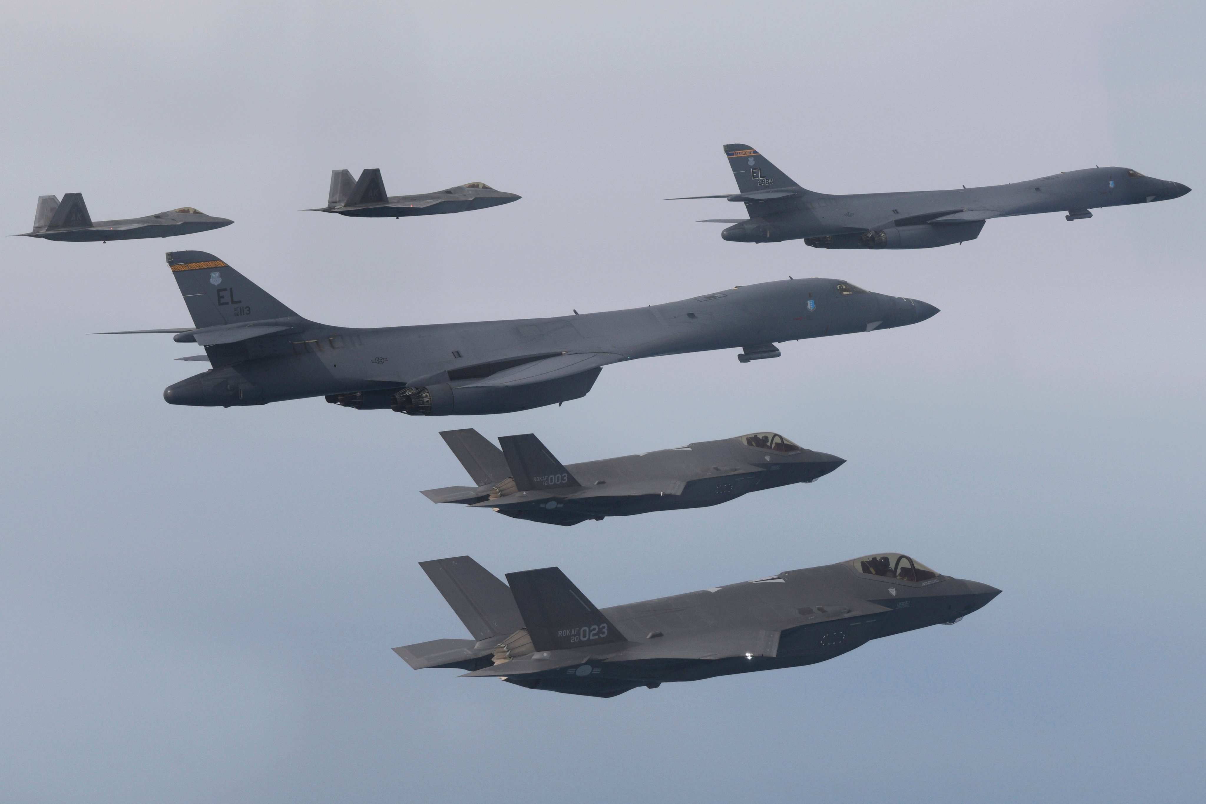 US Air Force B-1B bombers (centre), F-22 fighter jets and South Korean Air Force F-35 fighter jets (bottom) fly over South Korea during a joint air drill on January 1. On February 2, North Korea threatened the “toughest reaction” to the US’ expanding joint military exercises with South Korea to counter the North’s growing nuclear weapons ambitions, claiming that the allies were pushing tensions to an “extreme red line”. Photo: South Korean Defence Ministry via AP