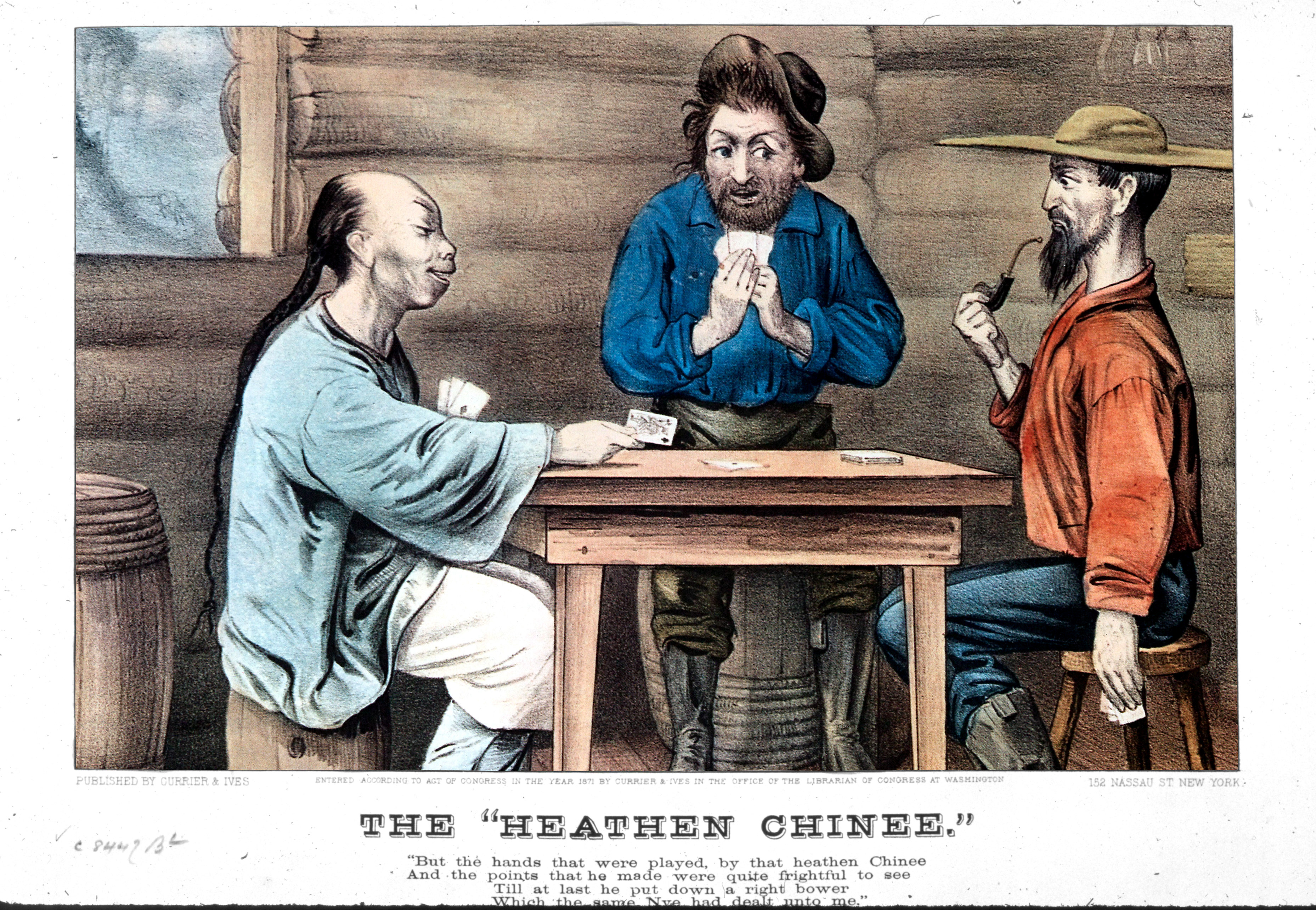 1871:  Two Americans playing a tense game of cards with a Chinese man.  ‘The Heathen Chinee’, published by Currier and Ives.  (Photo by MPI/Getty Images)&#xA;&#xA;CREDIT: Getty Images