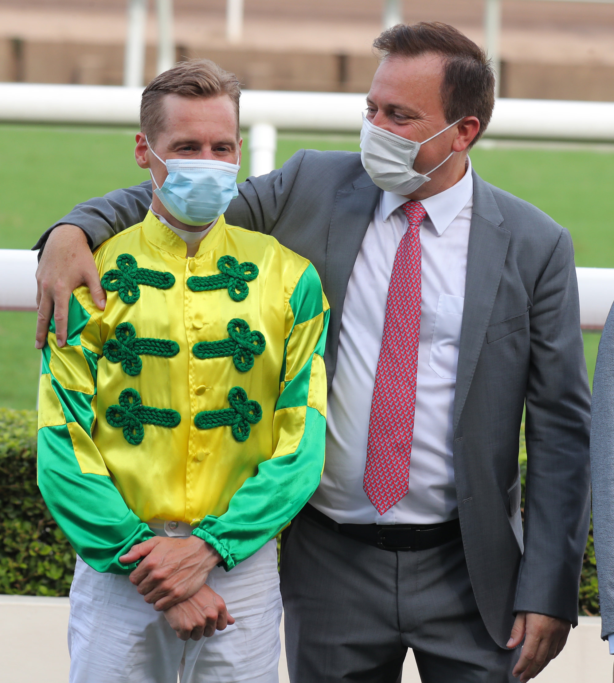 Jockey Blake Shinn and trainer Caspar Fownes after a Sky Field victory.