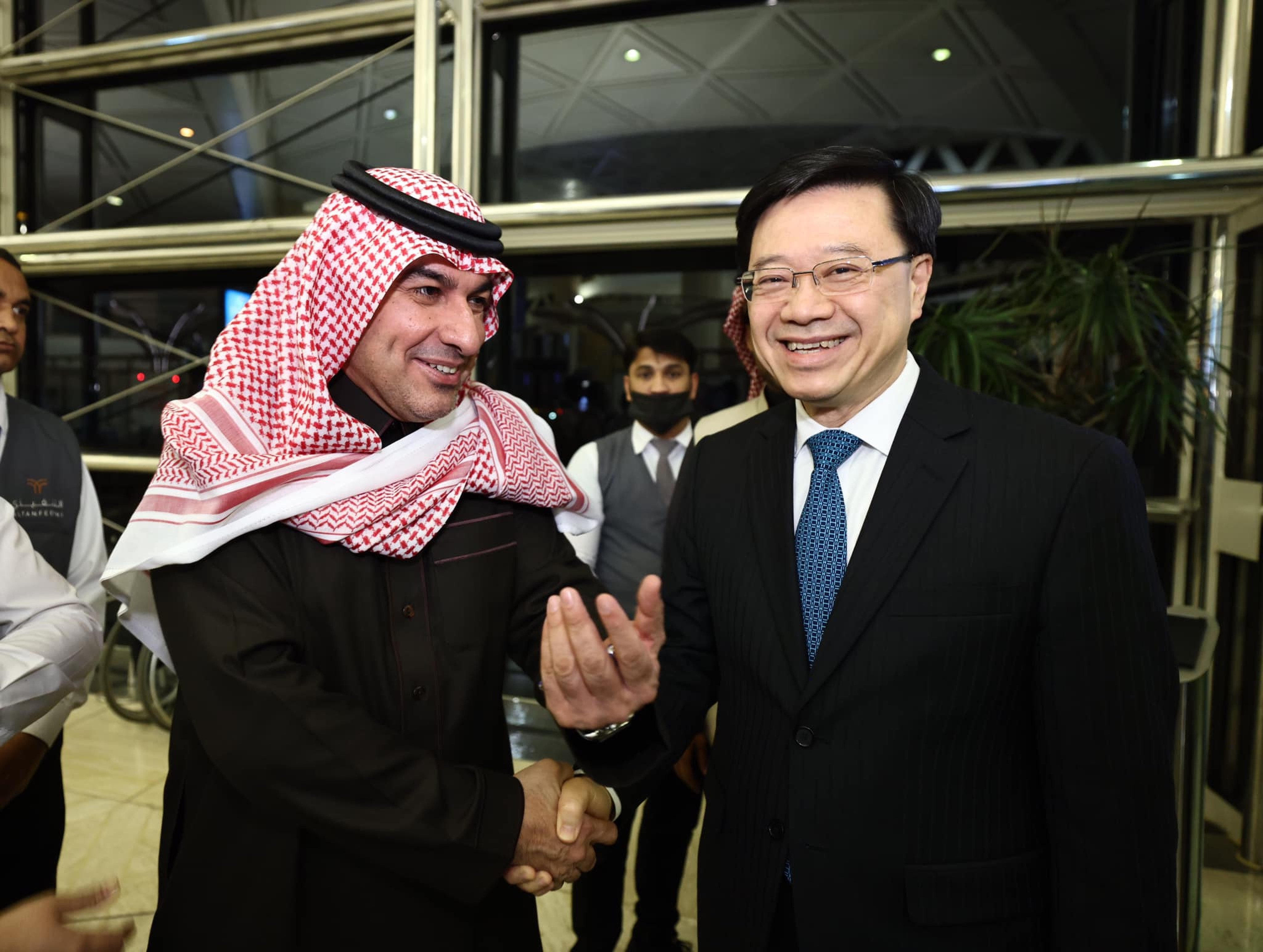 Hong Kong Chief Executive John Lee Ka-chiu is welcomed by Badr AlBadr, deputy minister of the Ministry of Investment, in Riyadh. Photo: Facebook