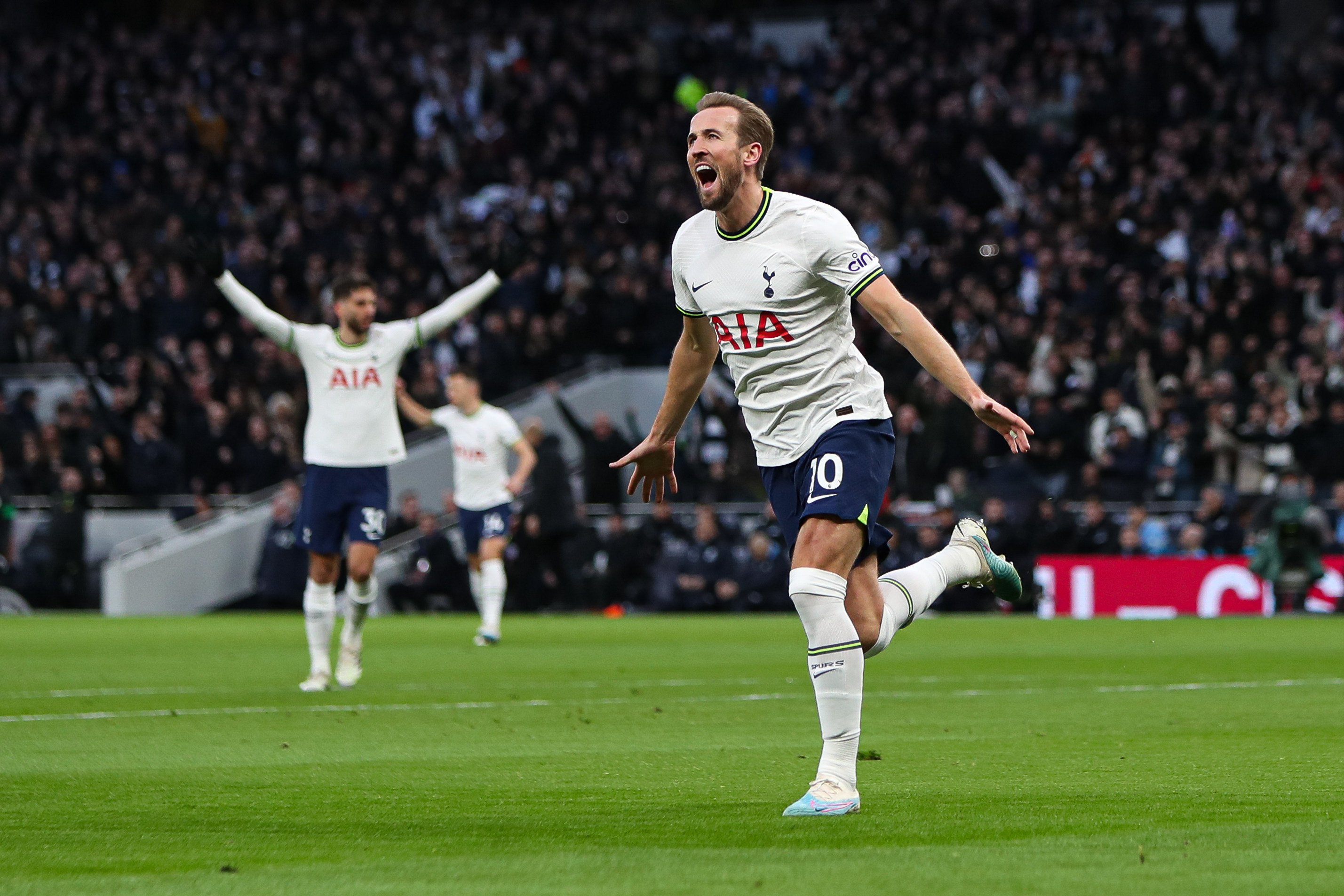 Tottenham’s Harry Kane celebrates scoring against Manchester City. Photo: dpa