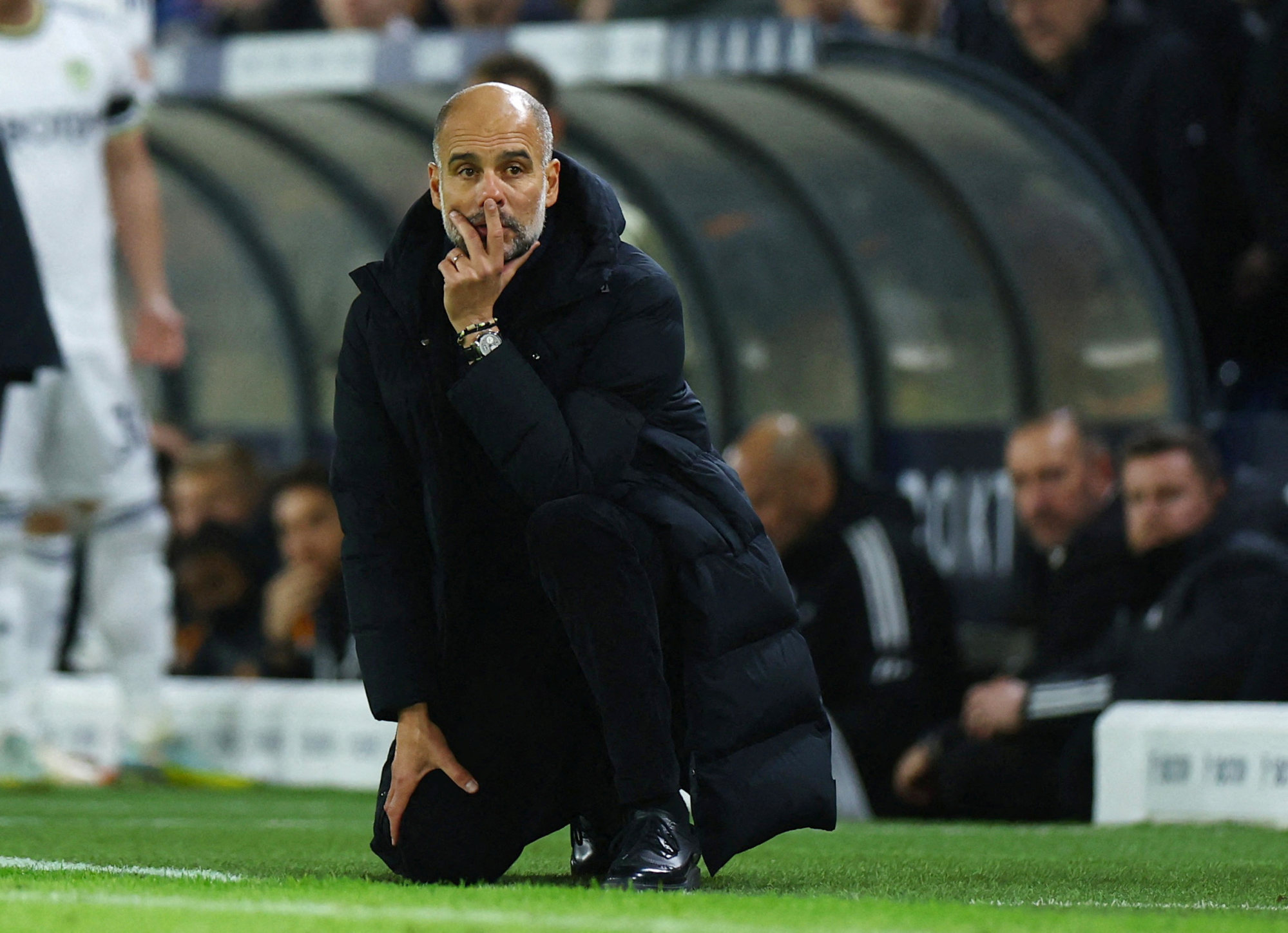Manchester City manager Pep Guardiola on the touchlines for their game against Leeds at Elland Road. Photo: Reuters
