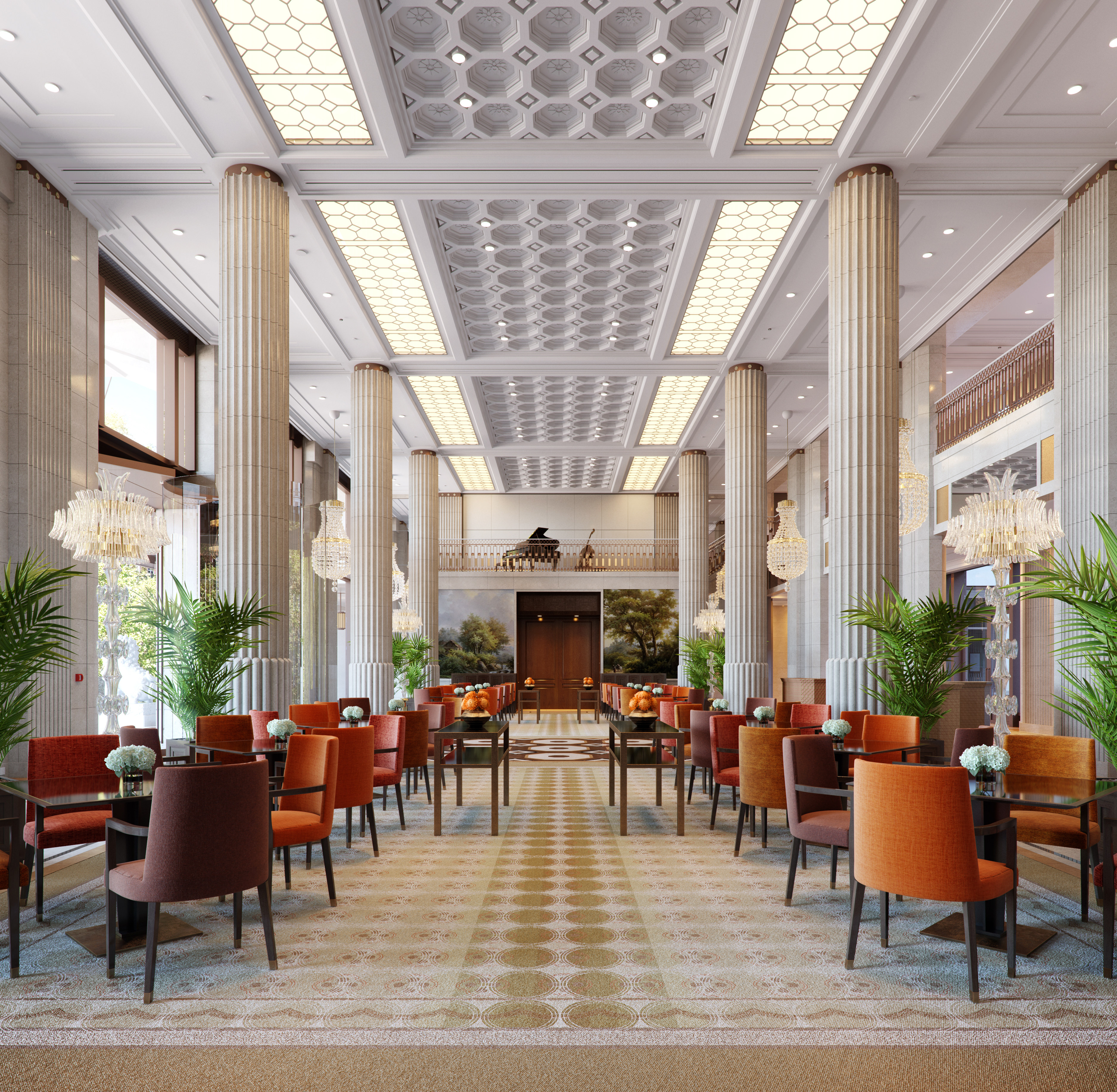 The Lobby at The Peninsula London is reminiscent of the Hong Kong flagship, with white columns and tables arranged for afternoon tea. Photo: The Peninsula London