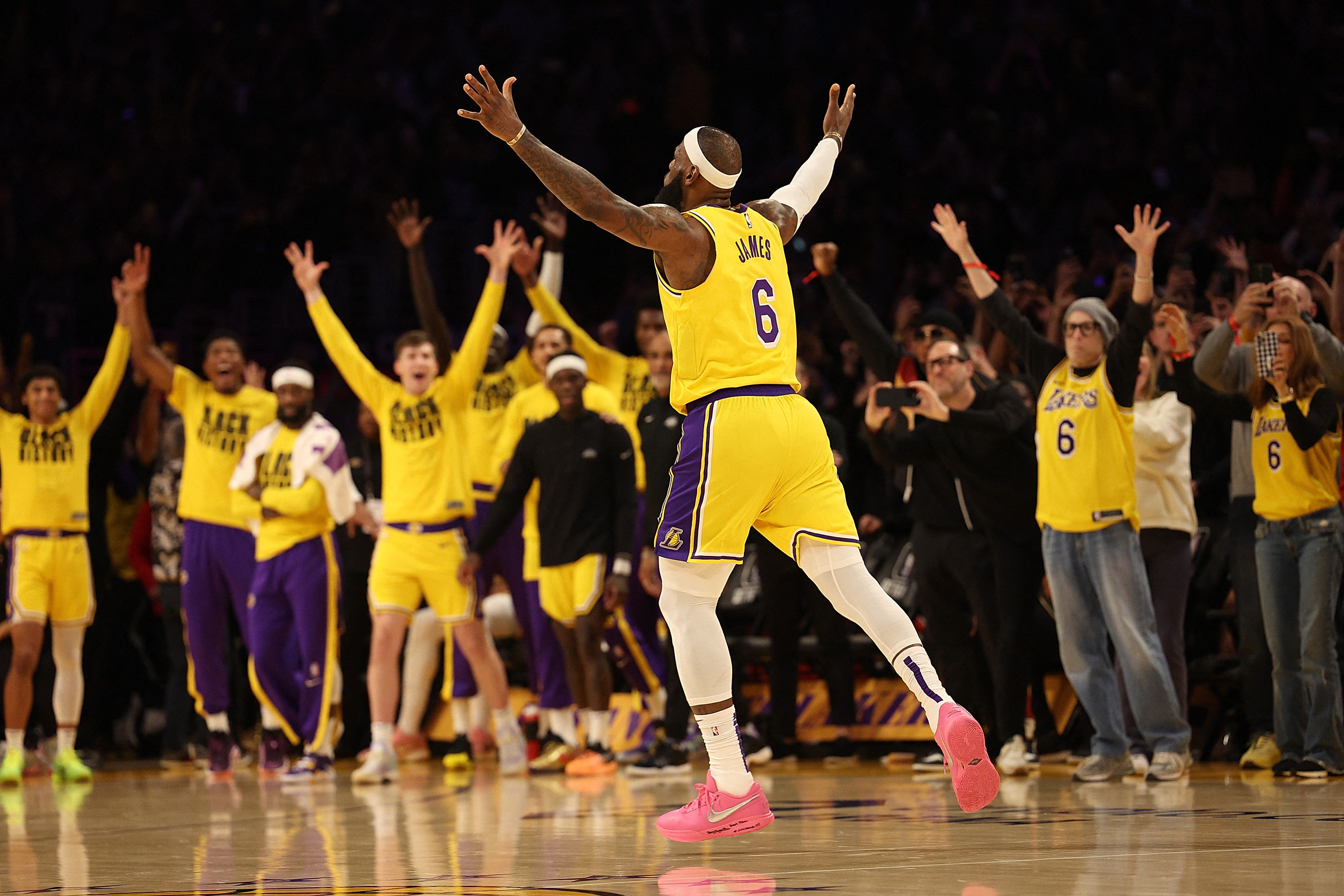 LeBron James of the Los Angeles Lakers celebrates after scoring to pass Kareem Abdul-Jabbar to become the NBA’s all-time leading scorer. Photo: AFP