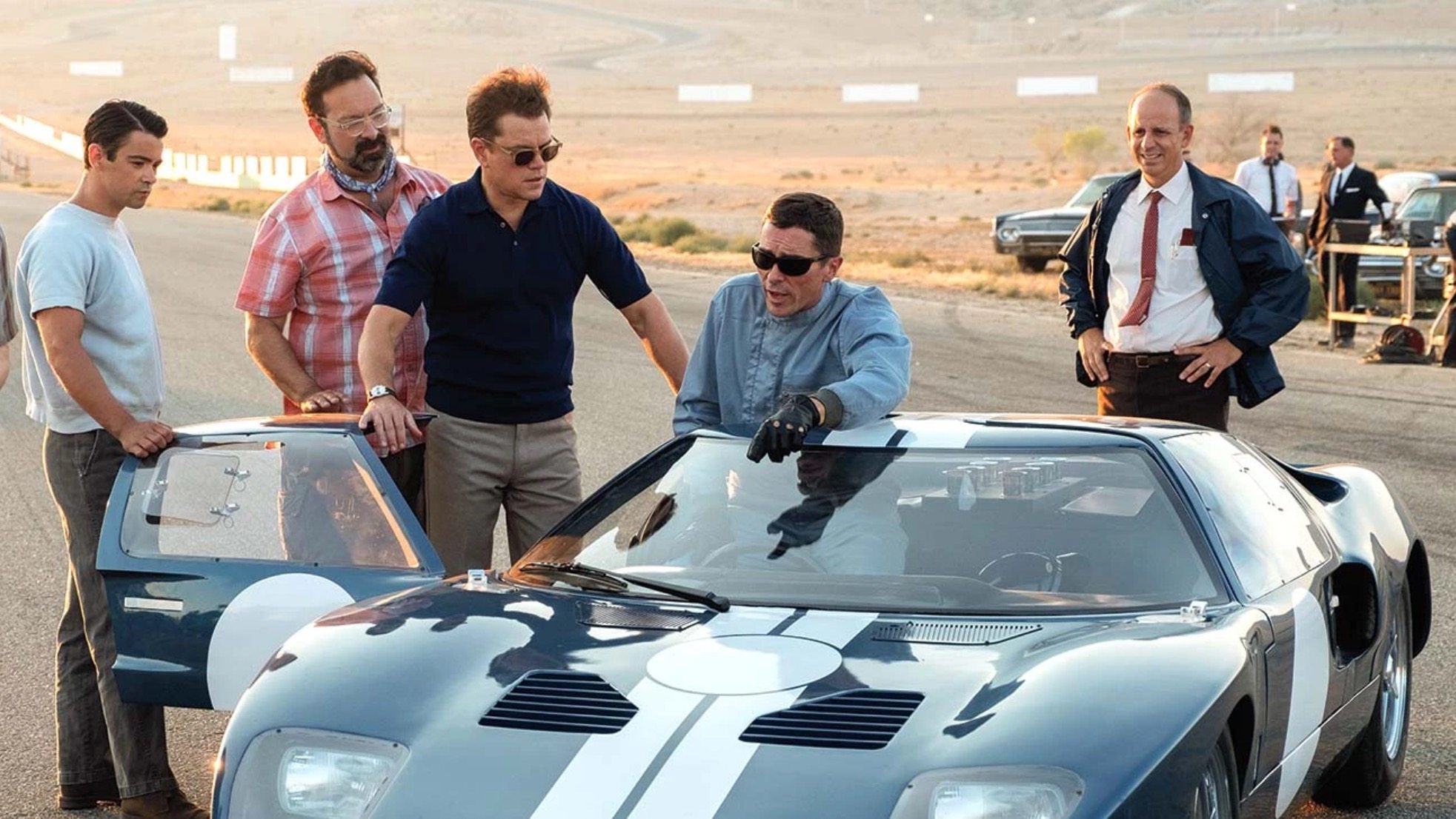 Matt Damon (centre) and Christian Bale (2nd right) in a still from Ford v Ferrari (2019), directed by James Mangold. Photo: courtesy 20th Century Fox