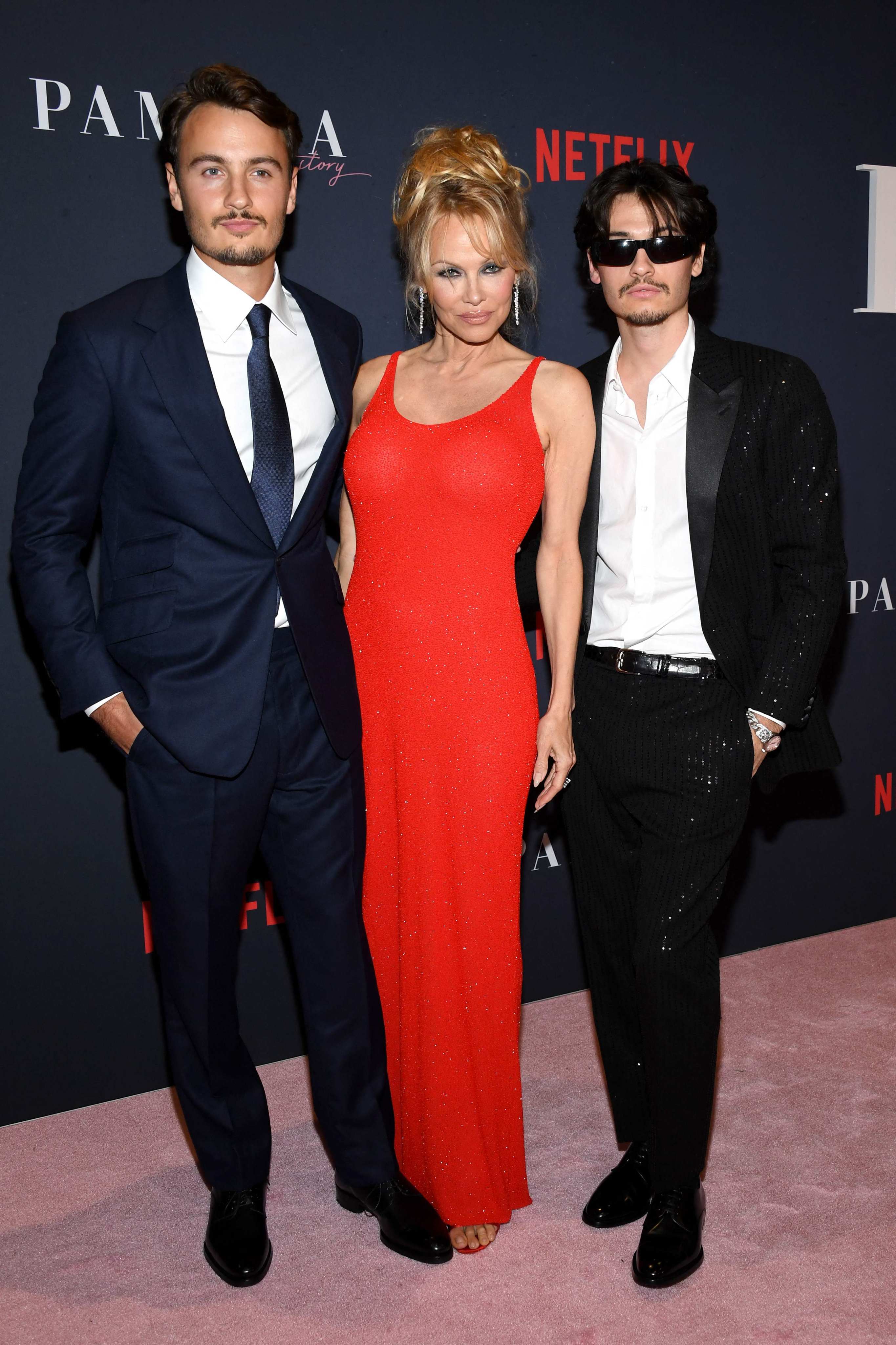 Brandon Thomas Lee, Pamela Anderson and Dylan Jagger Lee attend the premiere of Netflix’s Pamela, A Love Story at Tudum Theater on January 30, in Hollywood, California. Photo: Getty Images via AFP