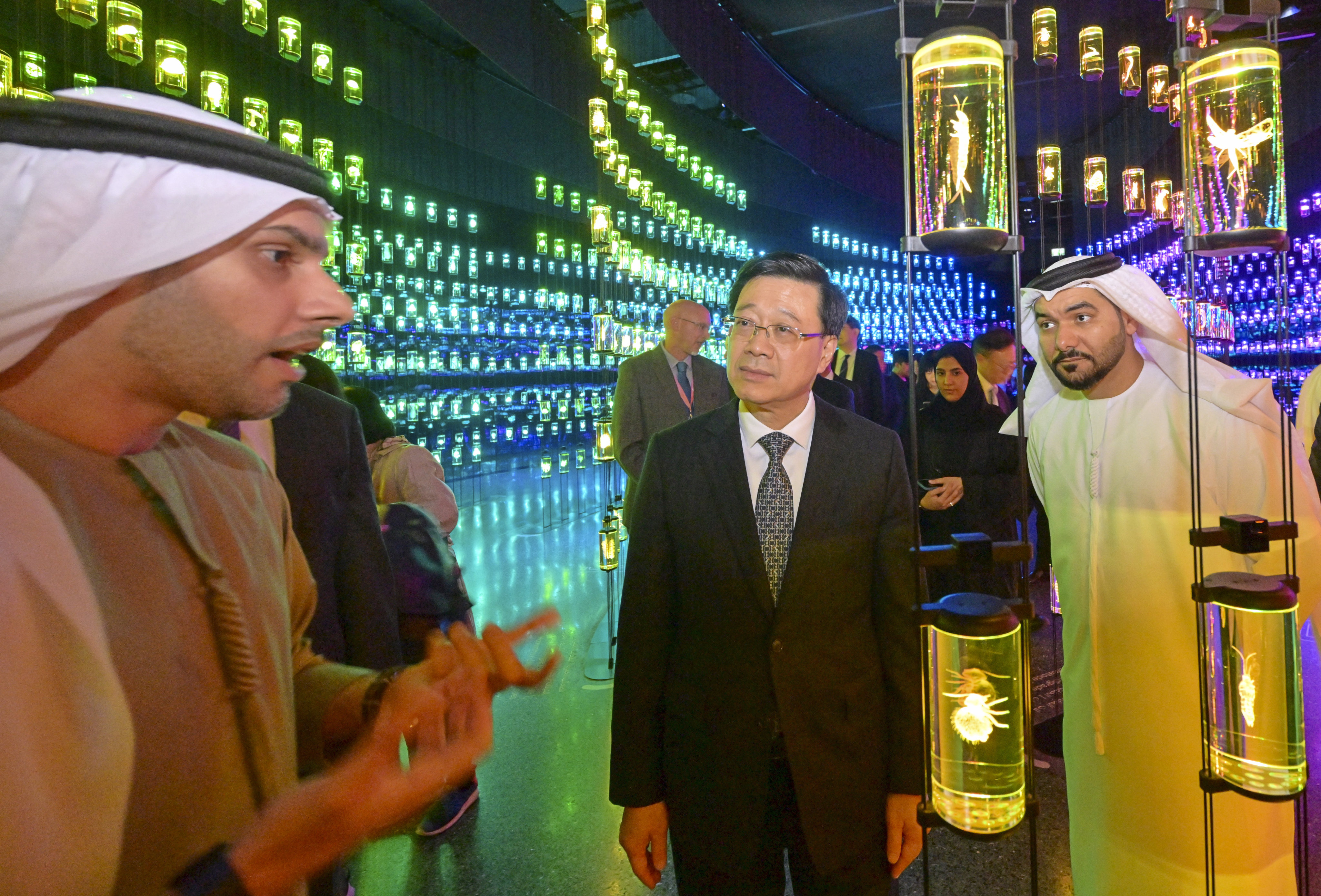 Chief Executive John Lee tours the Museum of the Future in Dubai. Photo: Handout