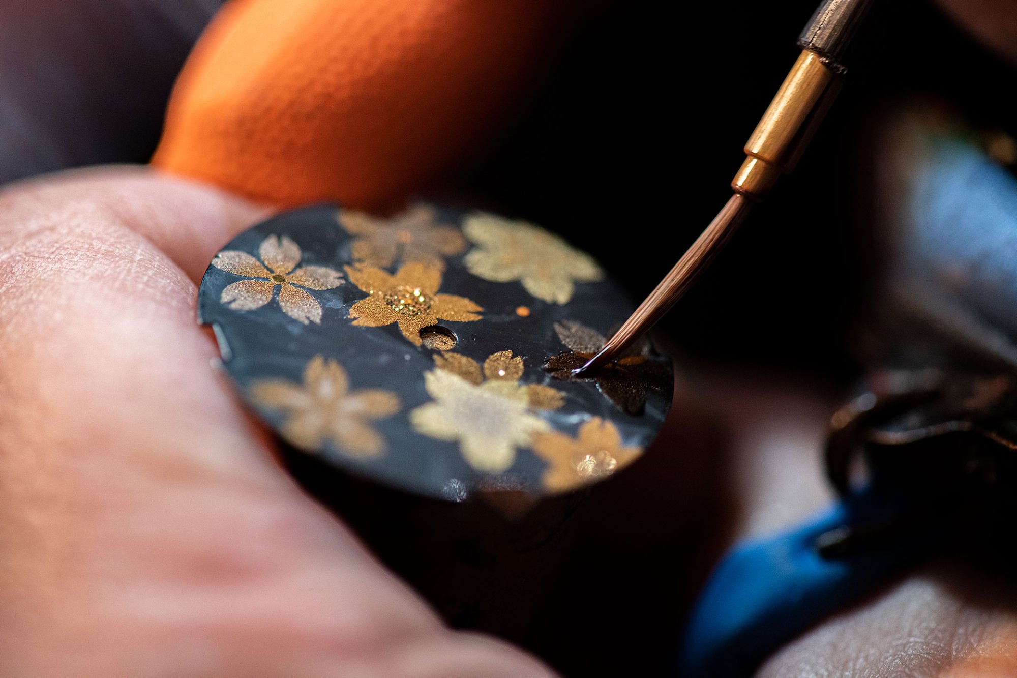 Japanese maki-e art applied to an urushi dial for the Minase Hakose Urushi Maki-e series. Photo: Handout