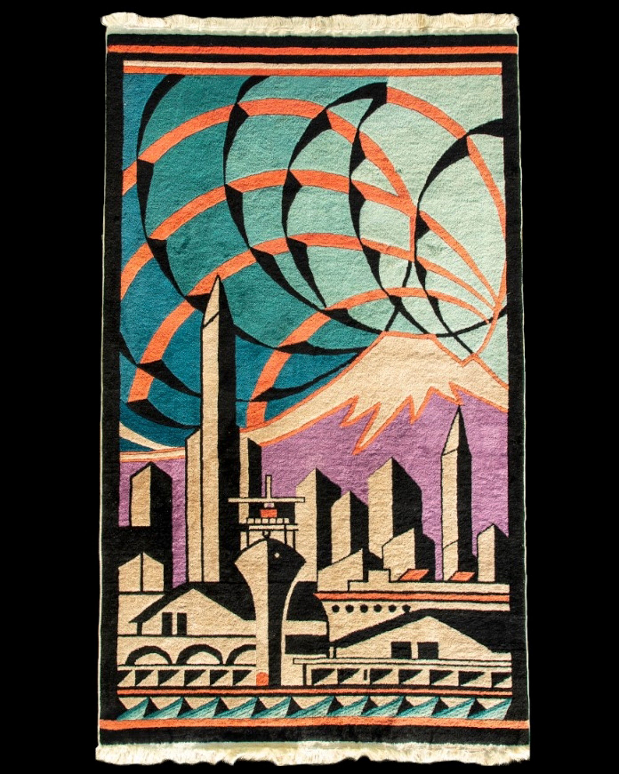 Orre Nelson Nobles (1894–1967) designed rugs for the Fette-Li Company, including the vibrant depiction of the Seattle waterfront, circa 1930. One Chinese company sought to successfully marry traditionally woven carpets with new avant garde designs – the Fette-Li Rug Company of Beijing and Tianjin.  Founded in 1927 the firm was a coming together of a highly-skilled rug manufacturer – Li Meng Shu – and an American entrepreneur living in Beijing, Helen Fette.