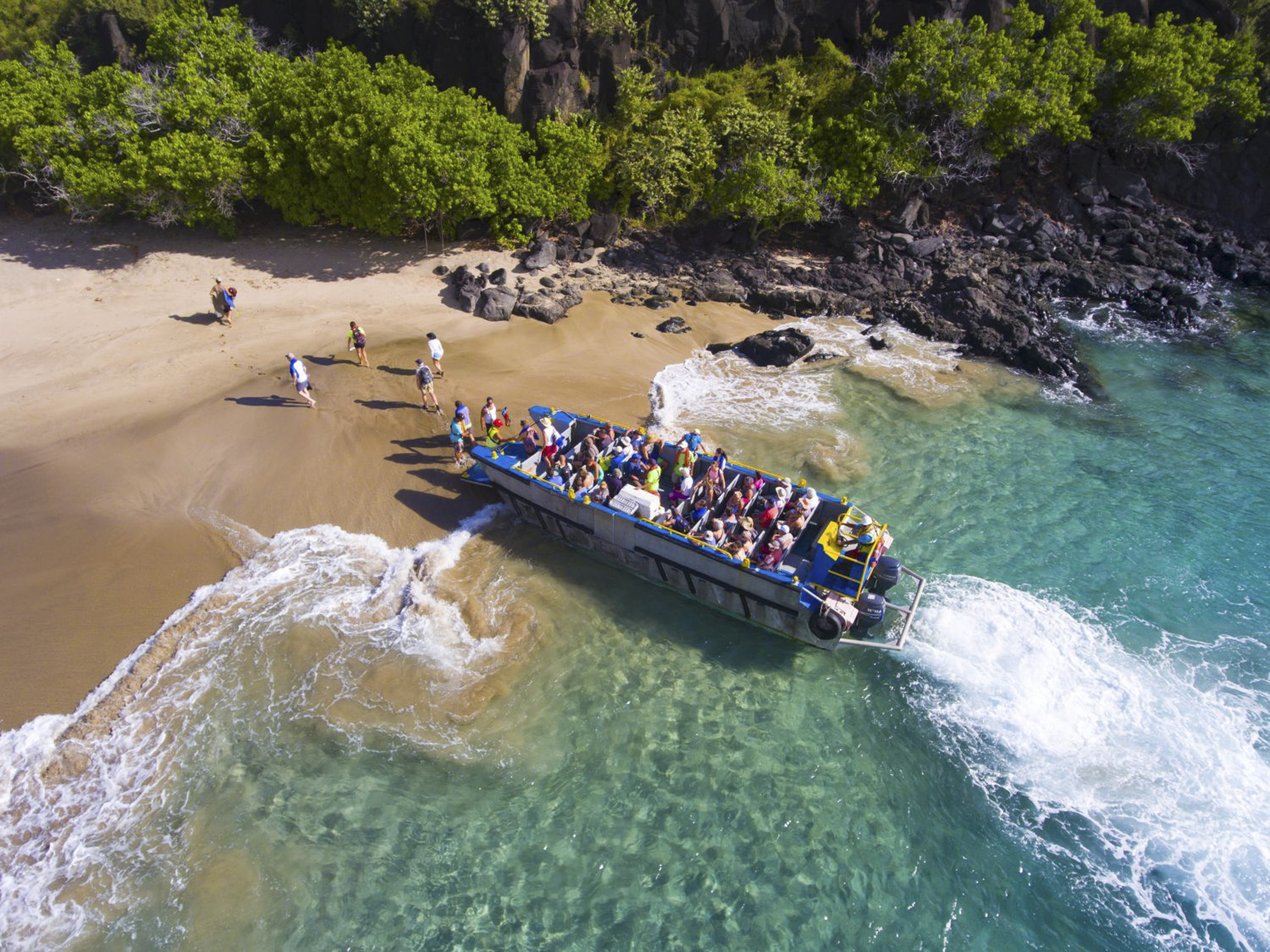 A vintage landing craft deposits passengers onto a sugar-sanded beach in French Polynesia’s Austral Islands. Small-ship cruises to far-flung destinations are a growing trend. Photo: Aranui Cruises