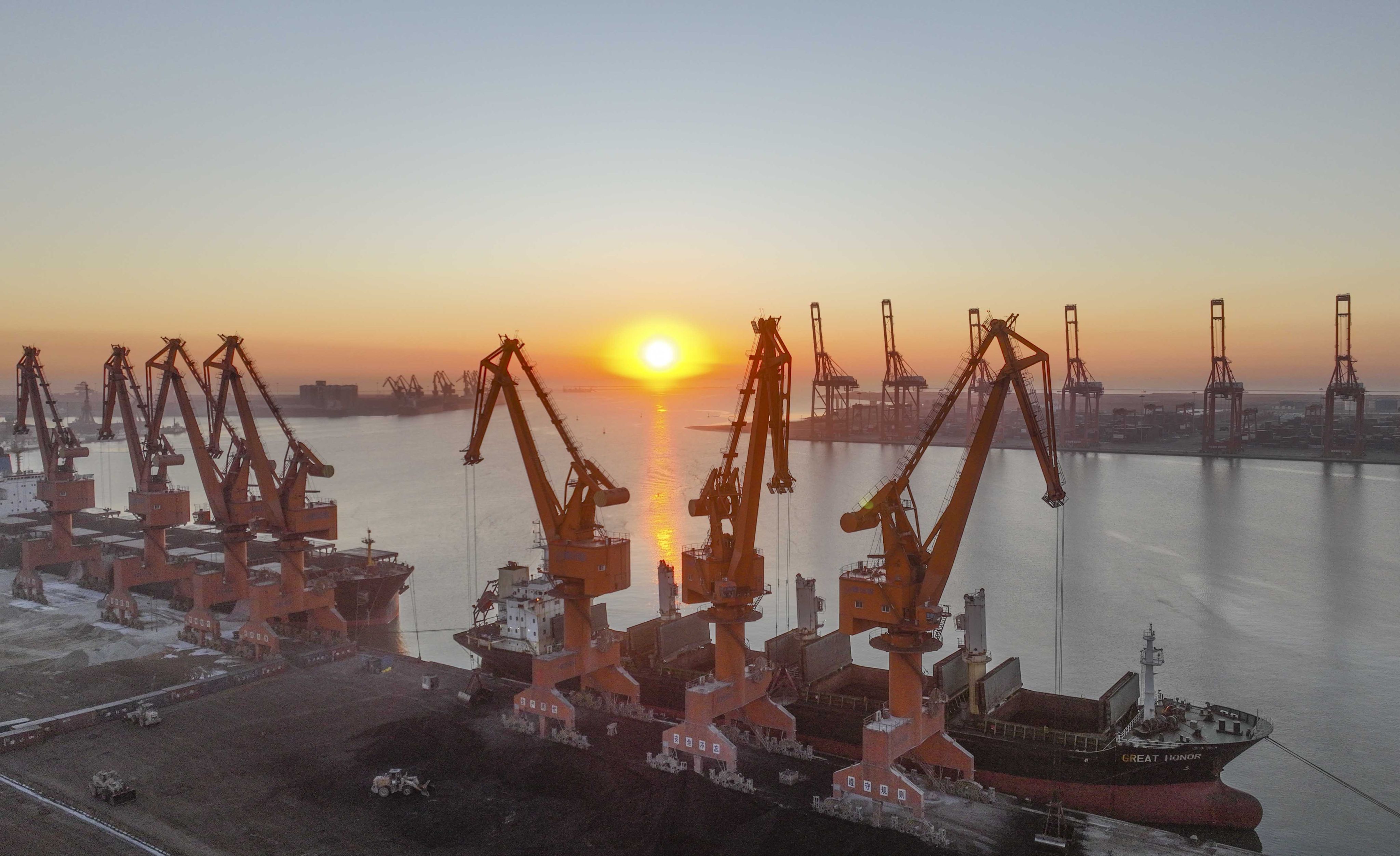 Sunrise at the Jingtang port area at Tangshan Port in northern China’s Hebei province on January 17. Given the grim global outlook, exports cannot be expected to be a major driver of China’s growth this year, despite making an important contribution in 2022. Photo: Xinhua