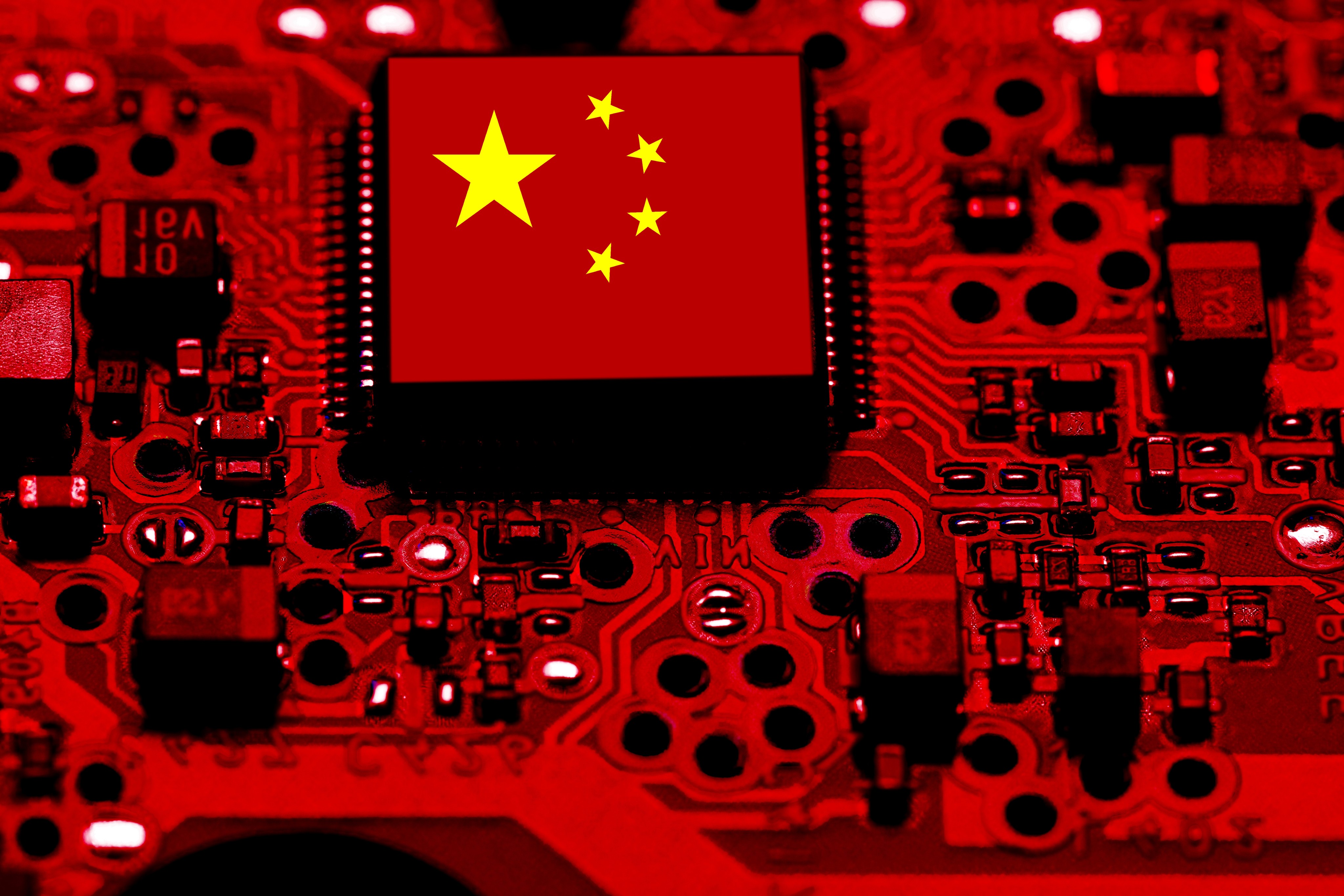 An illustration showing a Chinese national flag on an integrated circuit board. Photo: Shutterstock