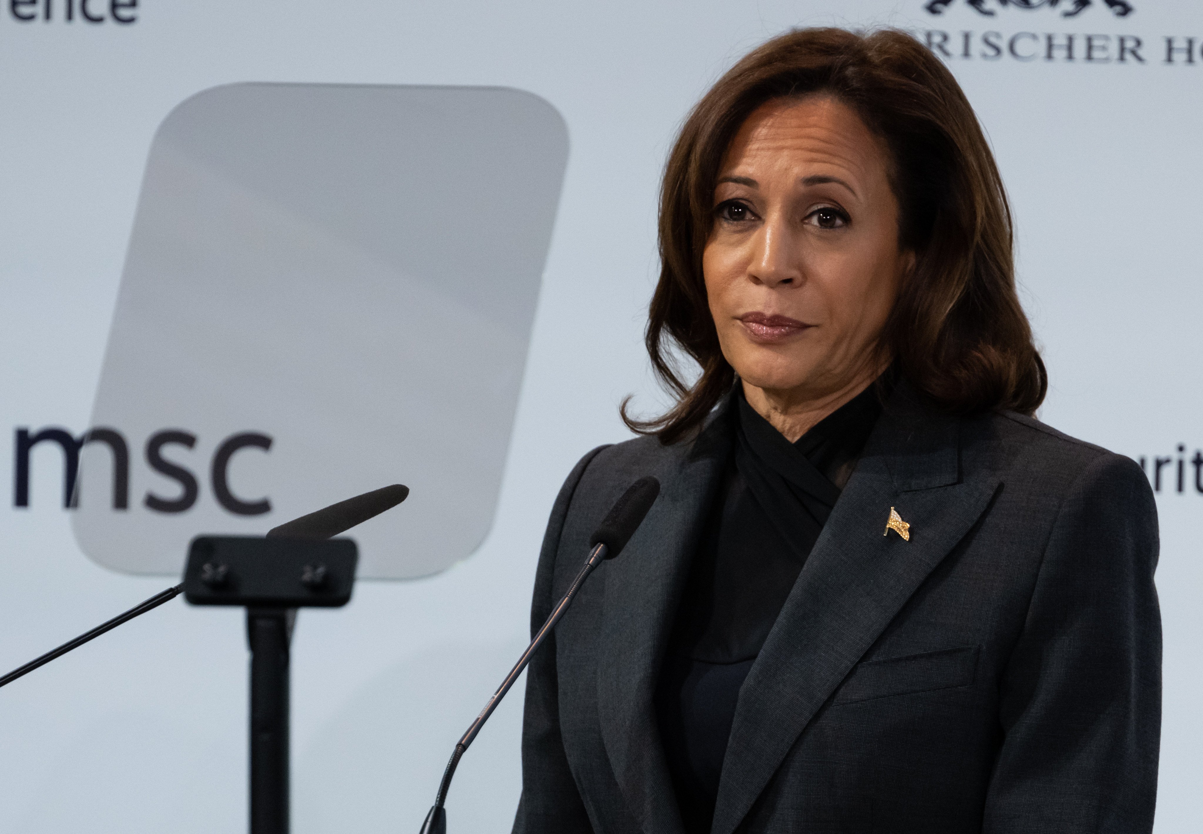 US Vice-President Kamala Harris speaks at the Munich Security Conference in Germany on Saturday. Photo: dpa