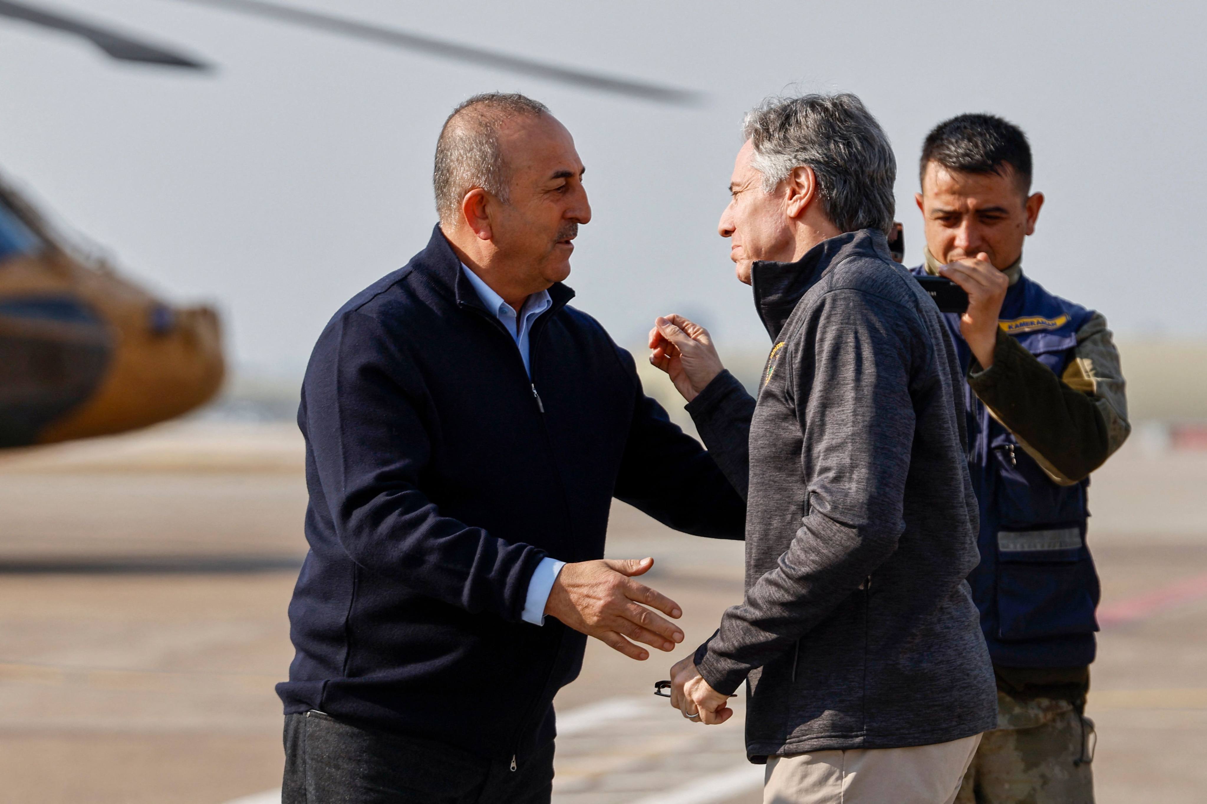 US Secretary of State Antony Blinken is welcomed by Turkish Foreign Minister Mevlut Cavusoglu at Incirlik Air Base. Photo: AFP