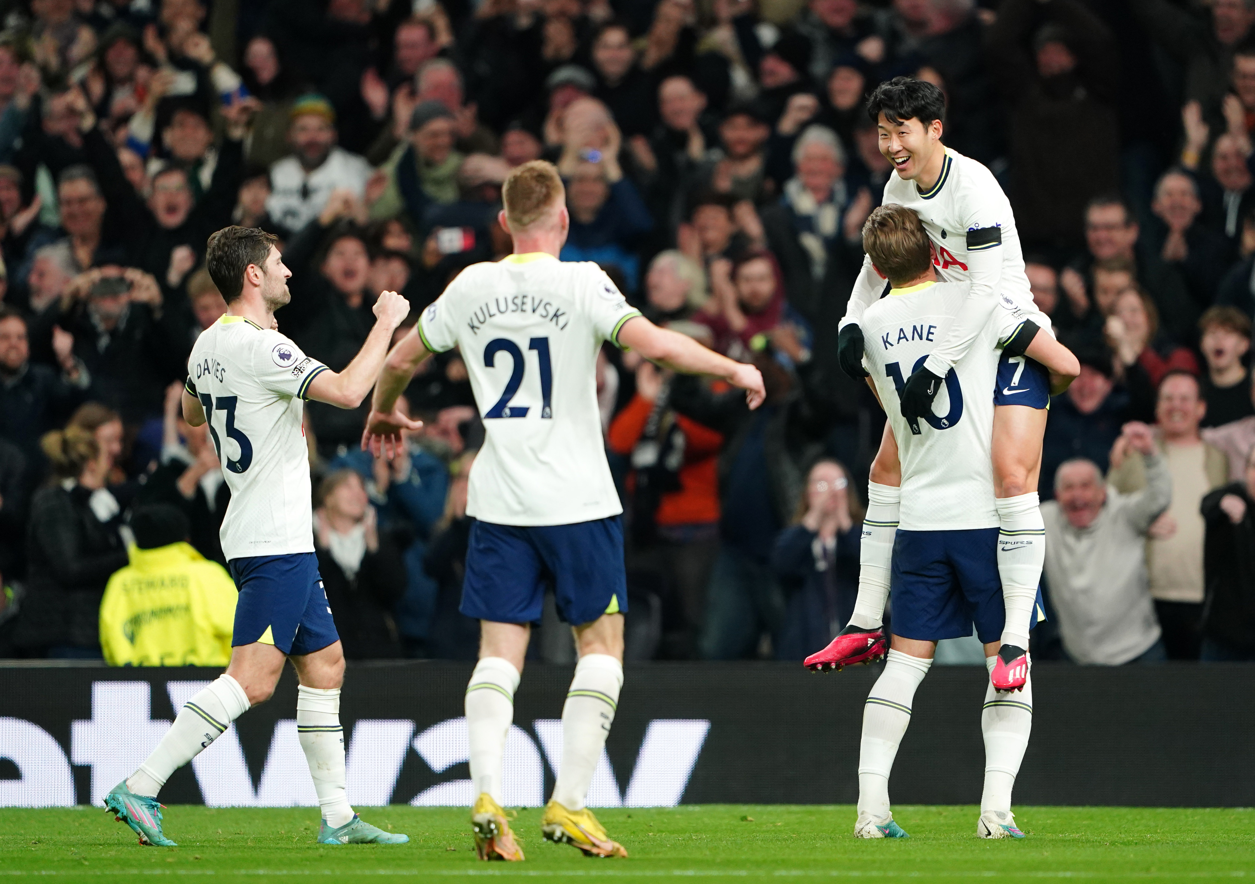 Tottenham Hotspur’s Son Heung-min celebrates scoring his side’s second goal against West Ham United with teammate Harry Kane. Photo: DPA