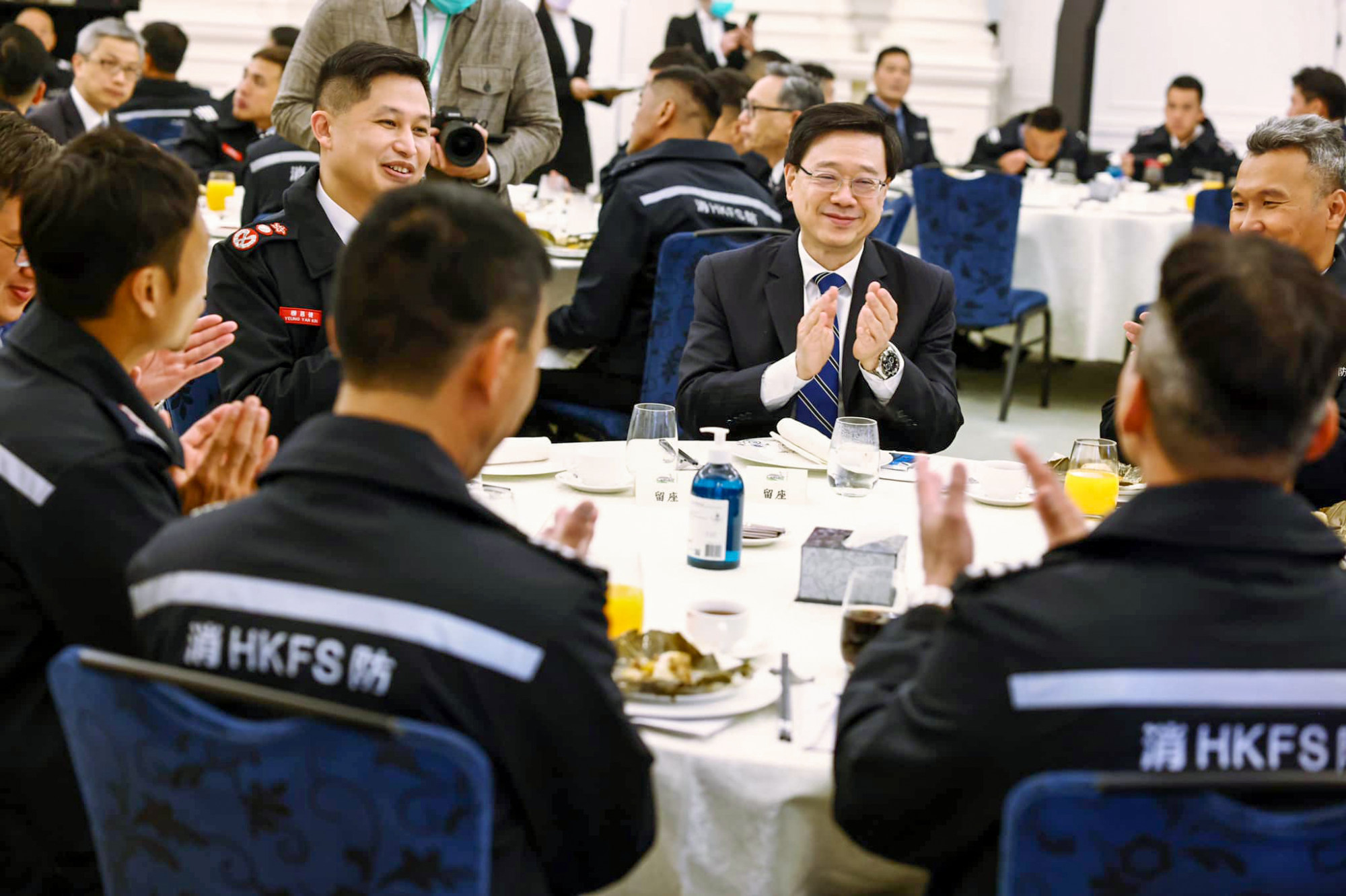 Hong Kong Chief Executive John Lee hosts a reception at Government House for the Hong Kong rescue team on Monday. Photo: Facebook/John Lee