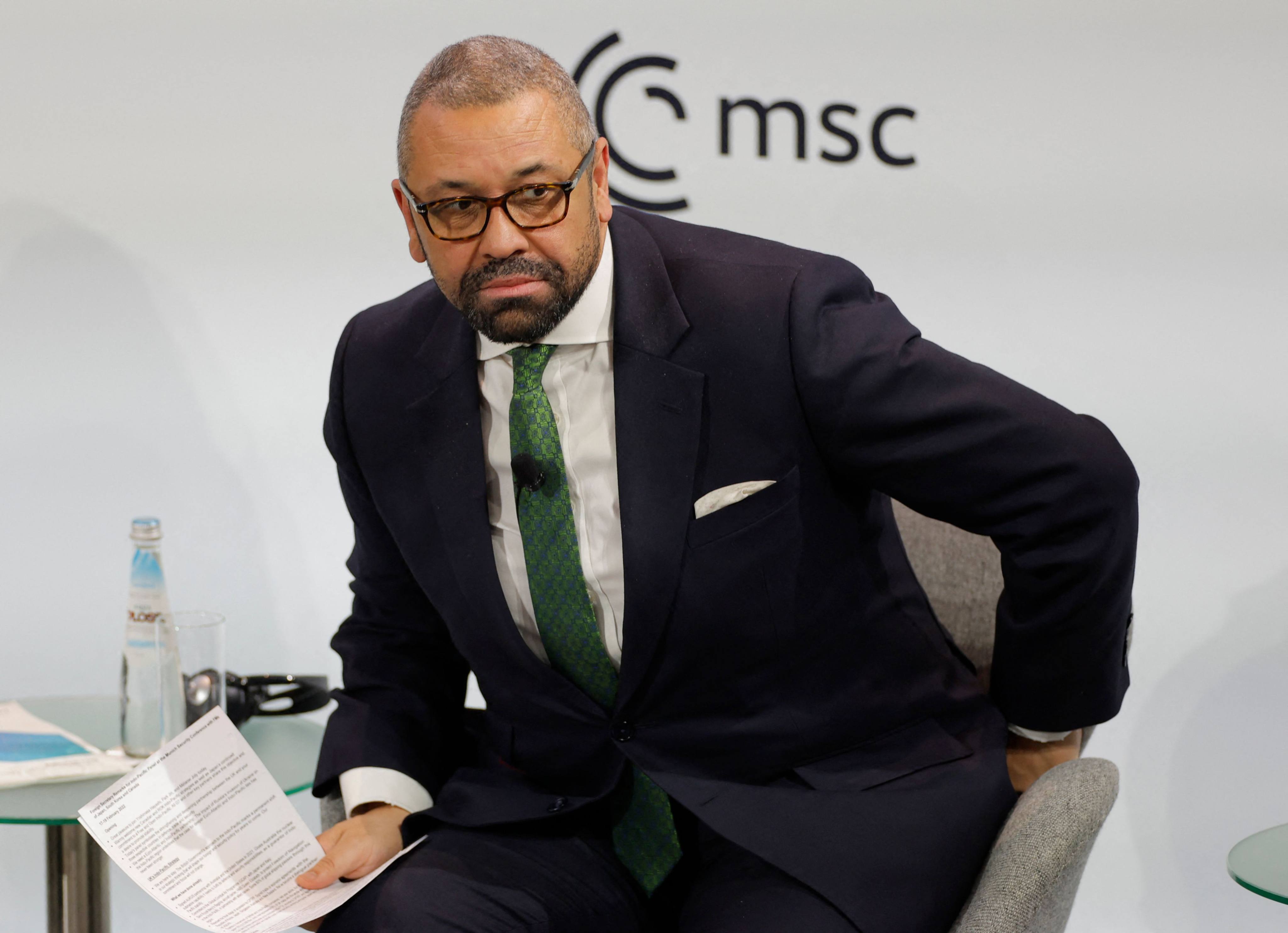 Britain’s foreign minister James Cleverly at the Munich Security Conference in Munich, Germany on Saturday. Photo: AFP