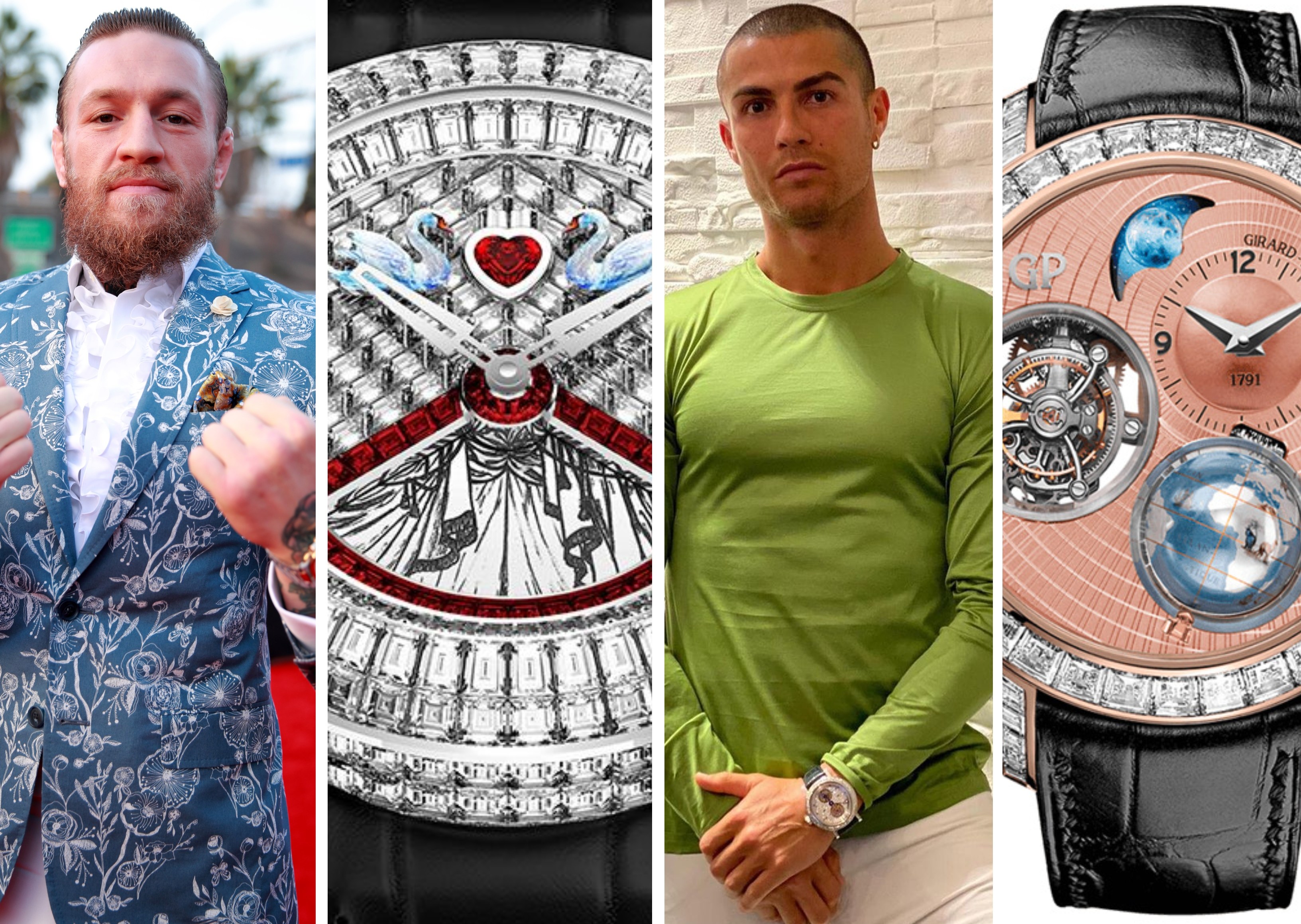 Conor McGregor and Cristiano Ronaldo both boast incredible timepiece collections. Photos: Girard-Perregaux, @cristiano/Instagram, TNS, Jacob & Co.