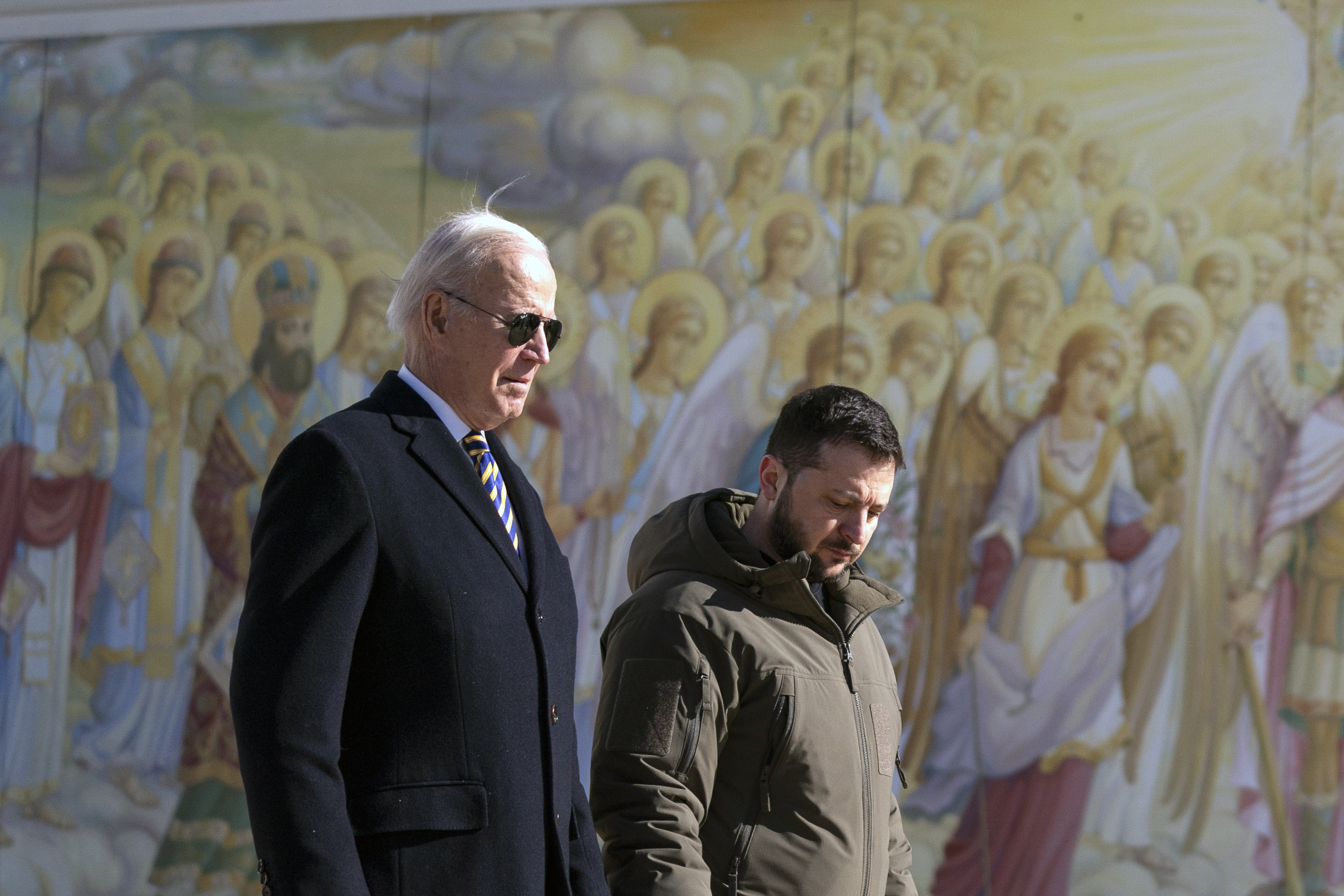 US President Joe Biden, left, and Ukrainian President Volodymyr Zelensky at St Michaels Golden-Domed Cathedral in Kyiv, Ukraine on Monday. Photo: AP 