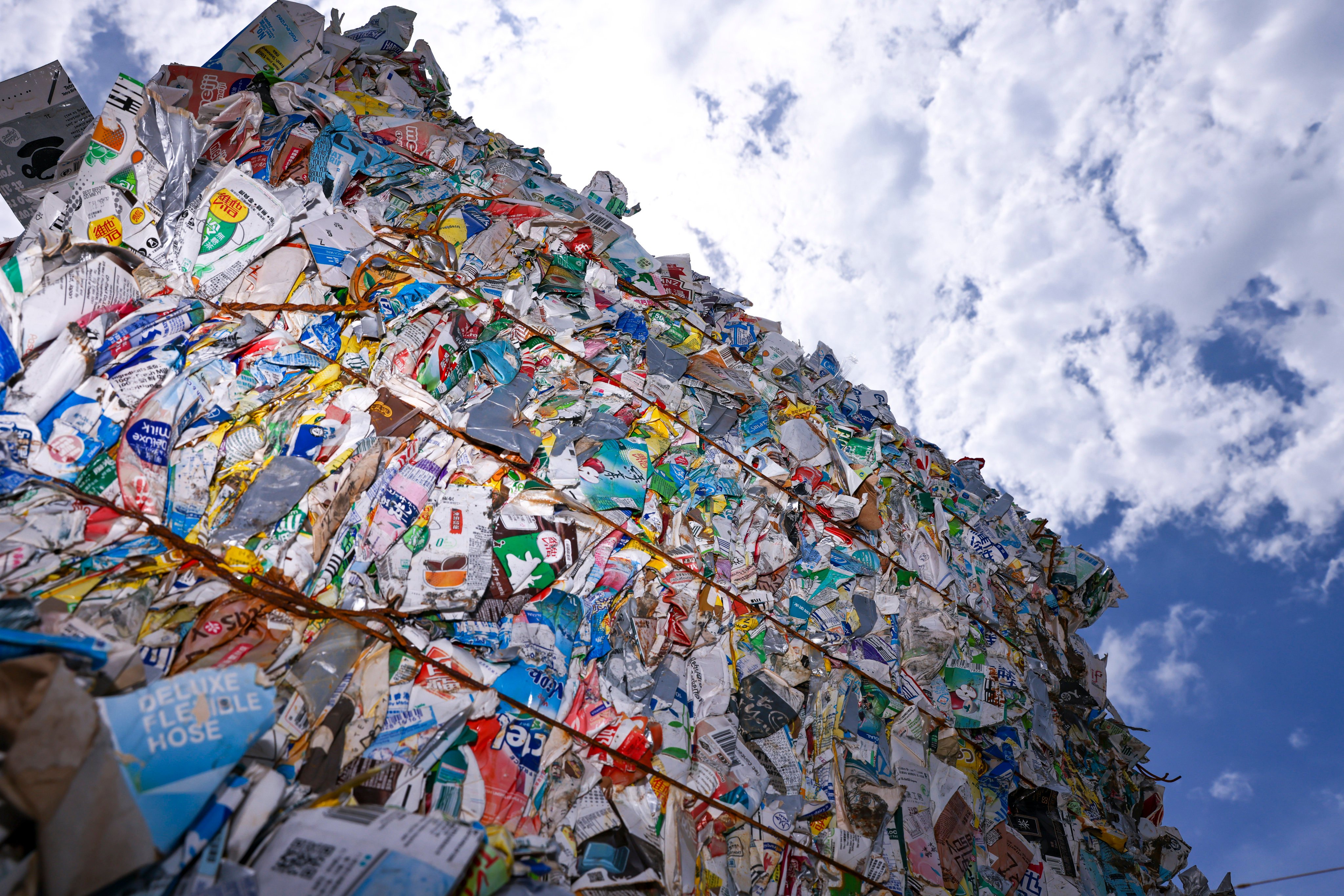 A crushed block of drink cartons awaits recycling at the Mil Mill pulp plant in Yuen Long on September 22, 2022. Photo: K.Y. Cheng