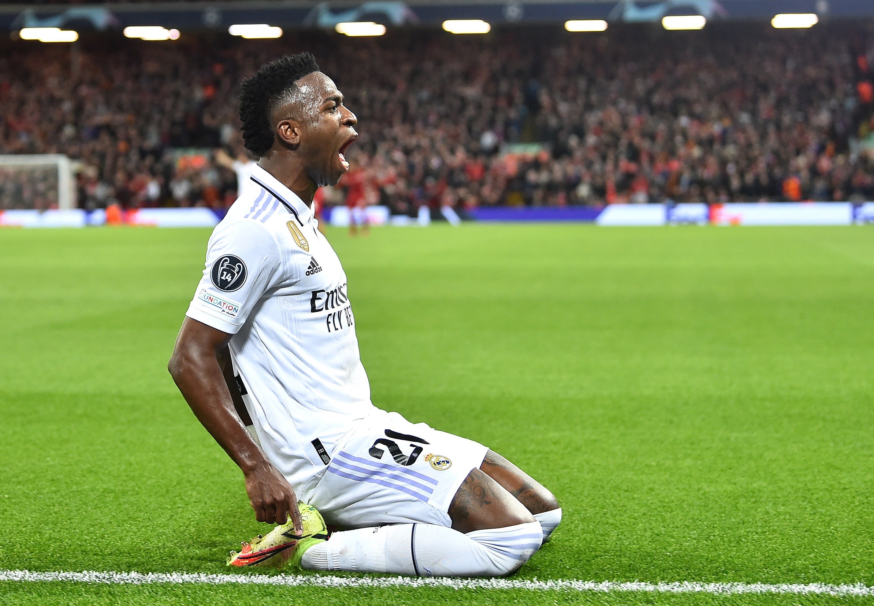 Vinicius Junior of Real Madrid celebrates after scoring his second goal during the Uefa Champions League round of 16 first leg match against Liverpool. Photo: EPA-EFE