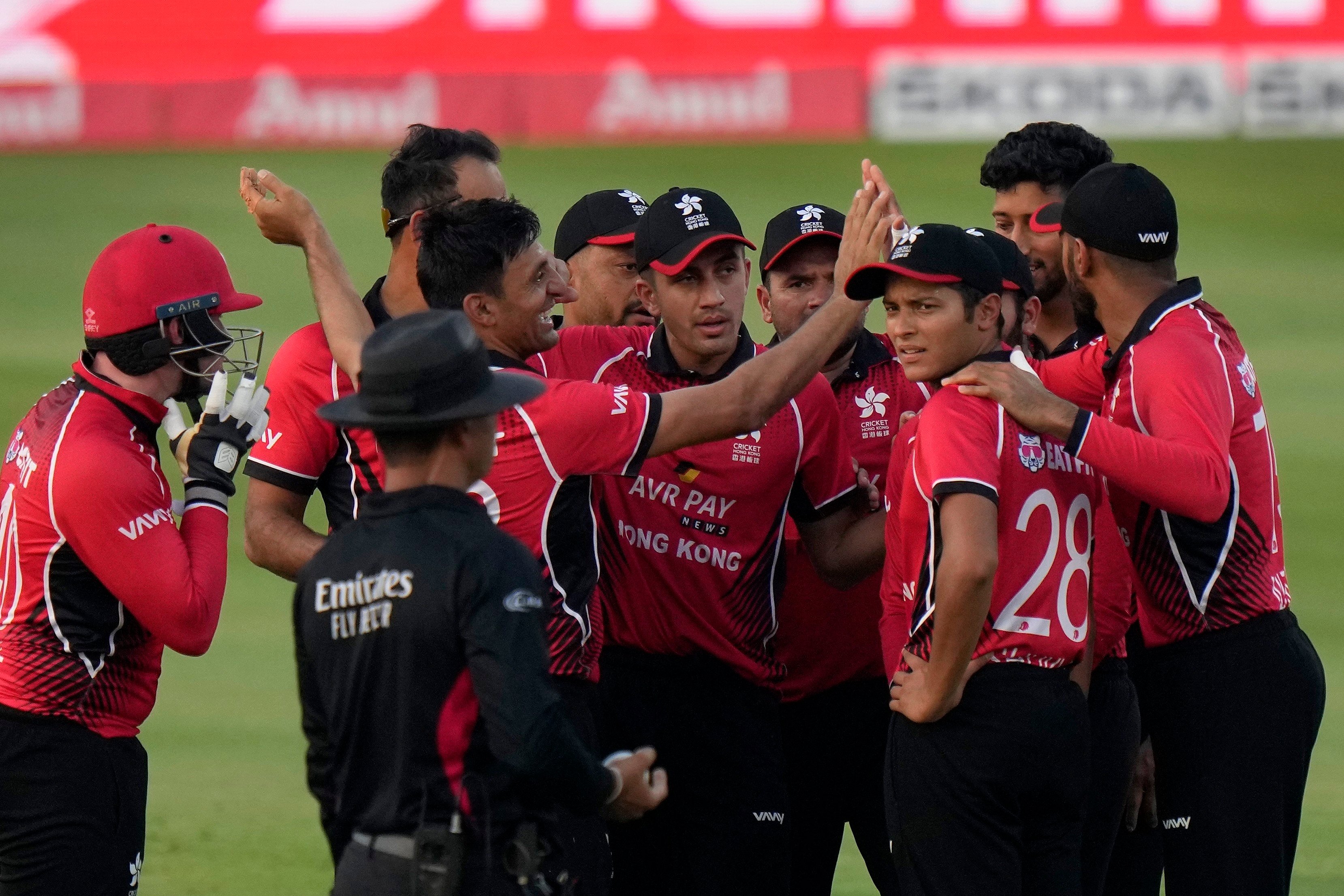 Hong Kong celebrate the wicket of Pakistan’s Babar Azam during their Asia Cup match in Sharjah on September 2, 2022. Photo: AP