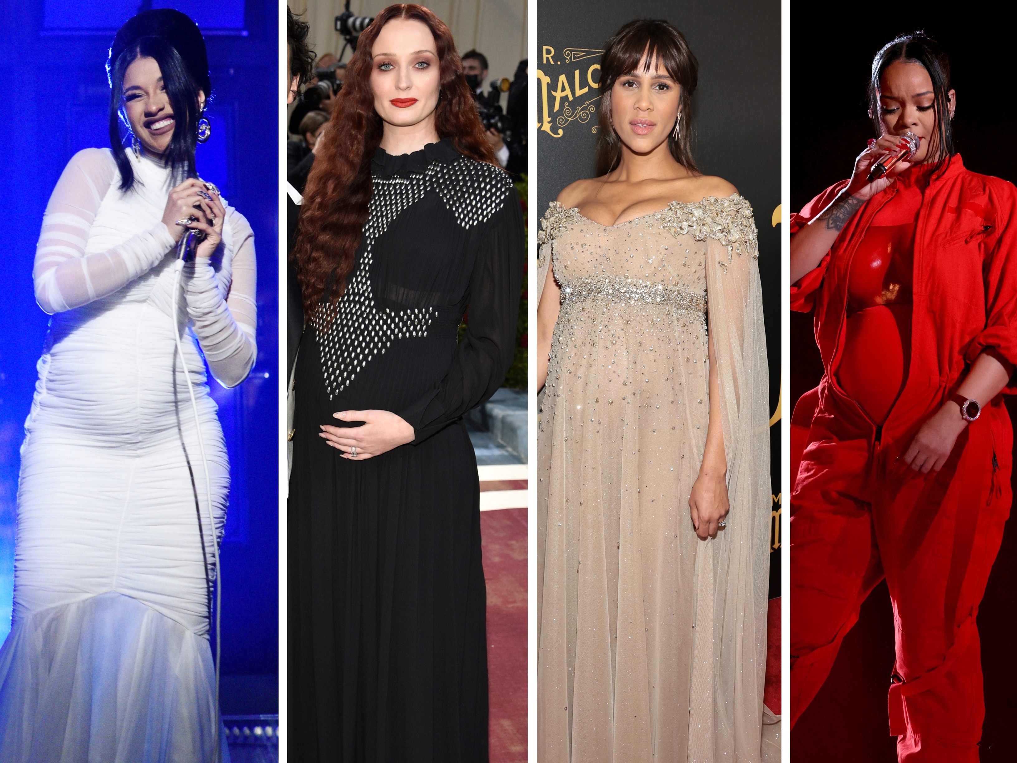 Cardi B, Sophie Turner, Zawe Ashton and Rihanna all donned stunning looks to reveal their pregnancy news. Photos: Getty Images