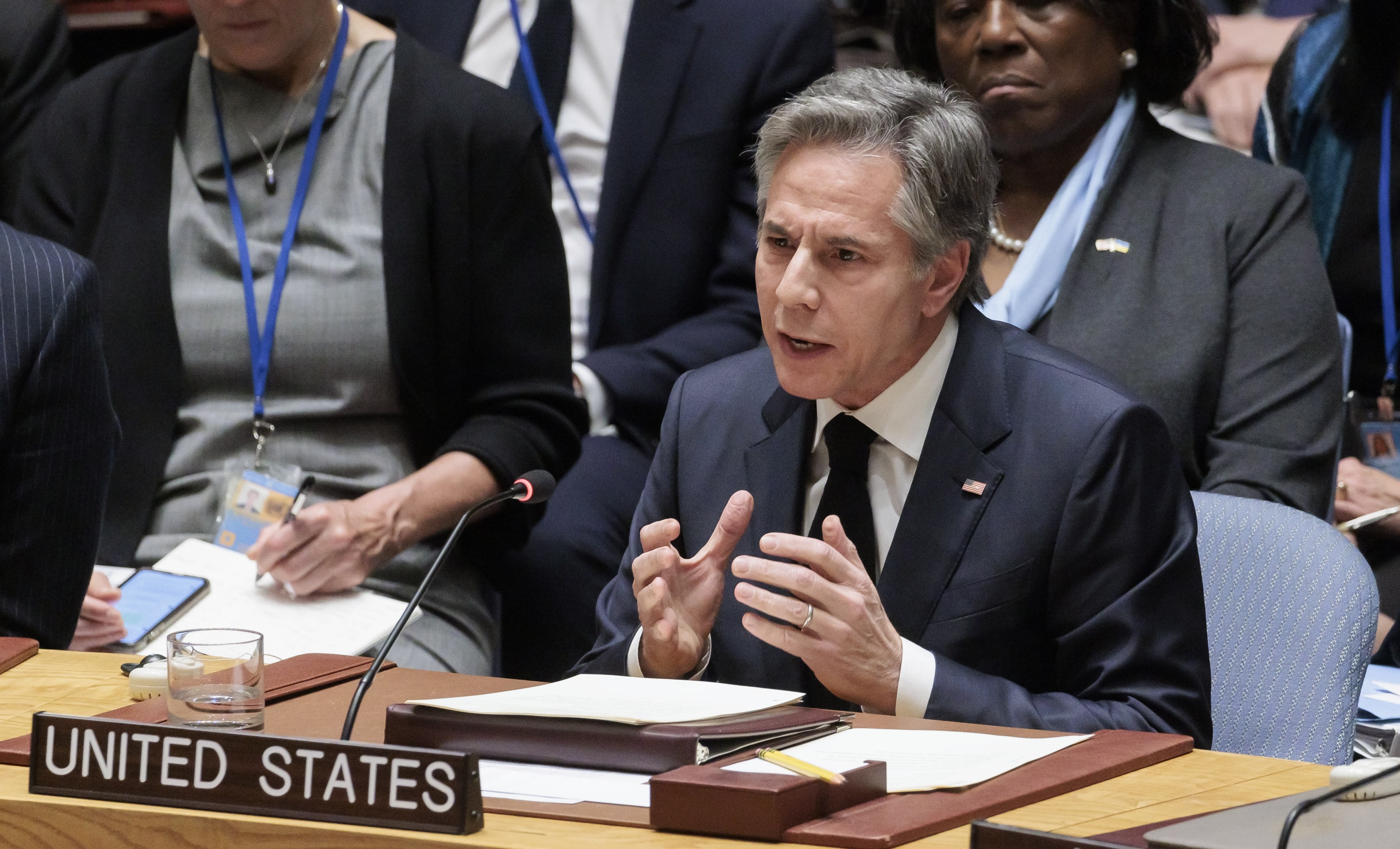 United States’ Secretary of State Anthony Blinken (centre) addresses a high-level United Nations Security Council meeting on the conflict in Ukraine, at United Nations headquarters in New York on Friday. Photo: EPA-EFE
