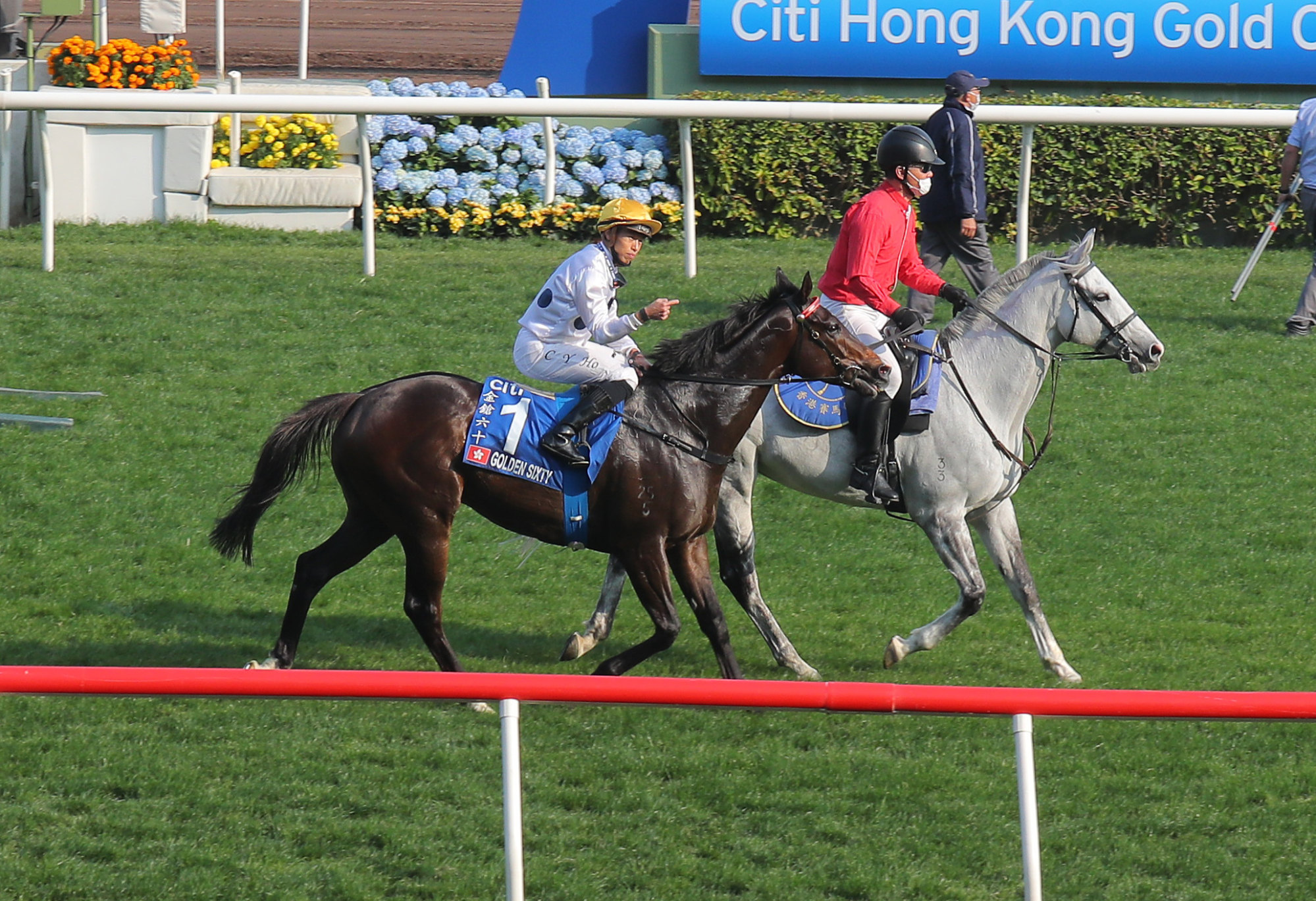 Vincent Ho shows his appreciation for Golden Sixty after their Gold Cup win at Sha Tin on Sunday.