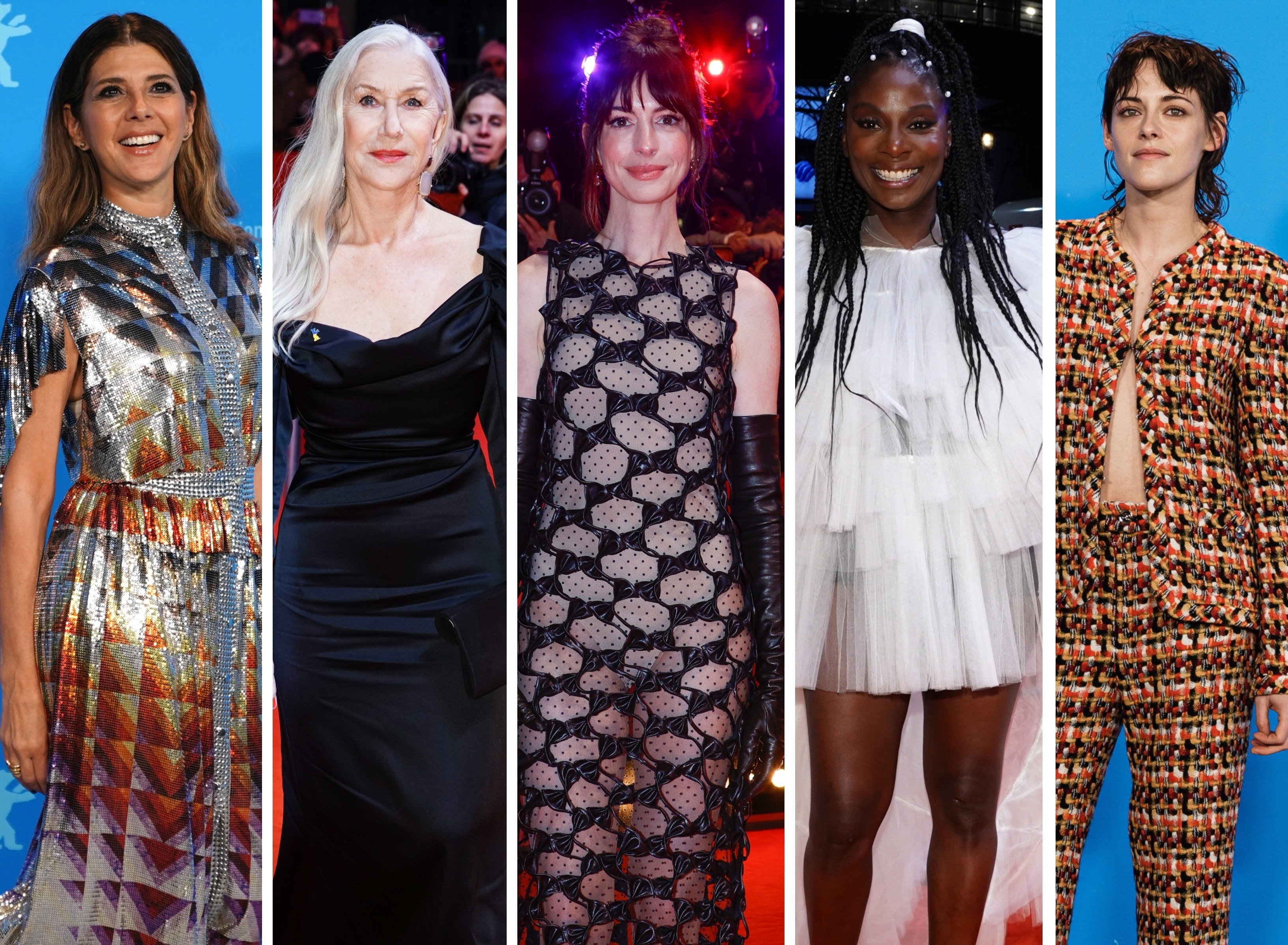 Marisa Tomei, Helen Mirren, Anne Hathaway,  Nikeata Thompson and Kristen Stewart all wore dazzling outfits to the 2023 Berlin Film Festival. Photos: EPA-EFE; AP