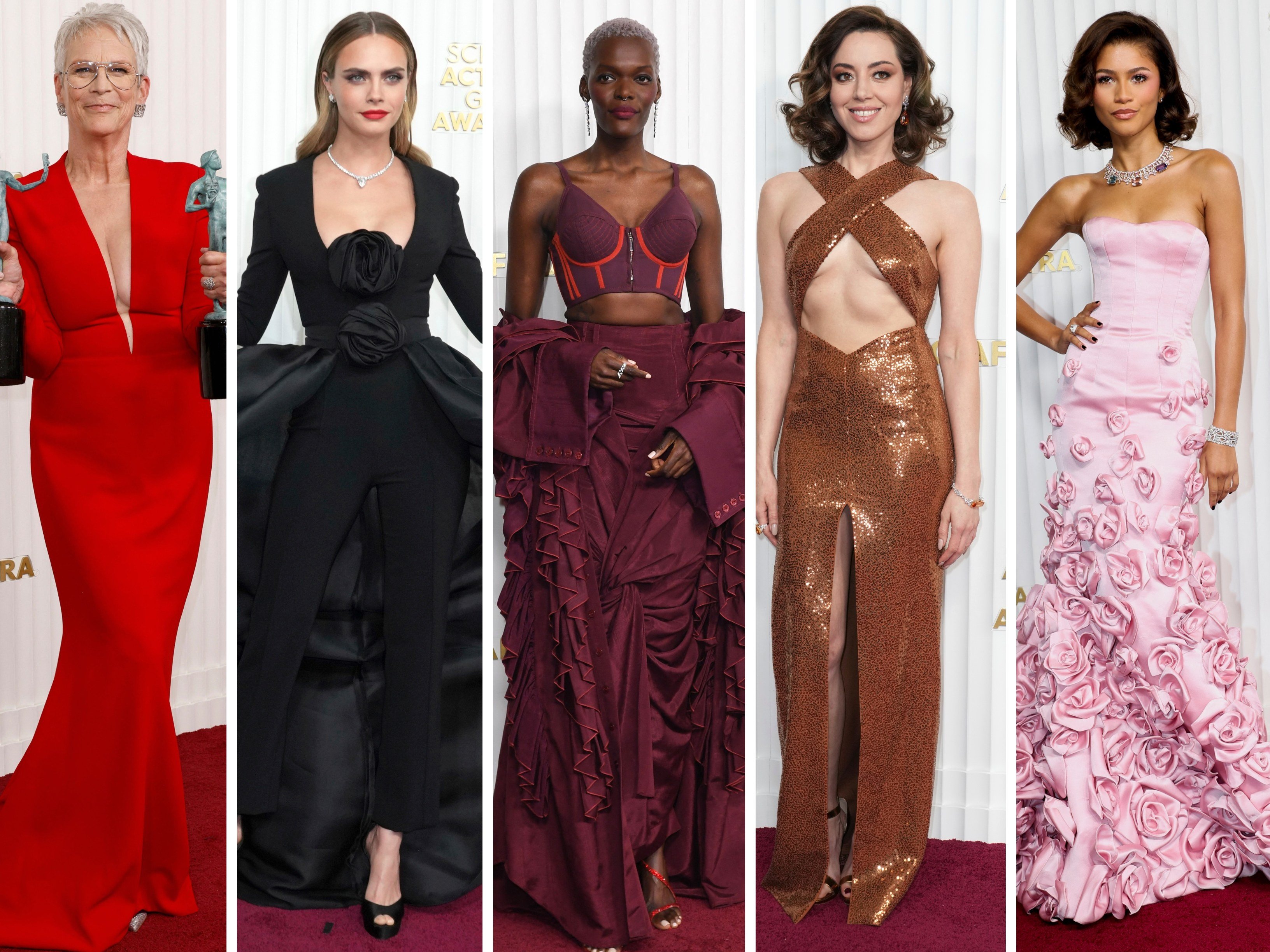 Jamie Lee Curtis, Cara Delevingne, Sheila Atim, Aubrey Plaza and Zendaya all made our list of the best-dressed guests at the 2023 SAG Awards. Photos: Getty Images; AP; AFP; @maisonvalentino/Instagram