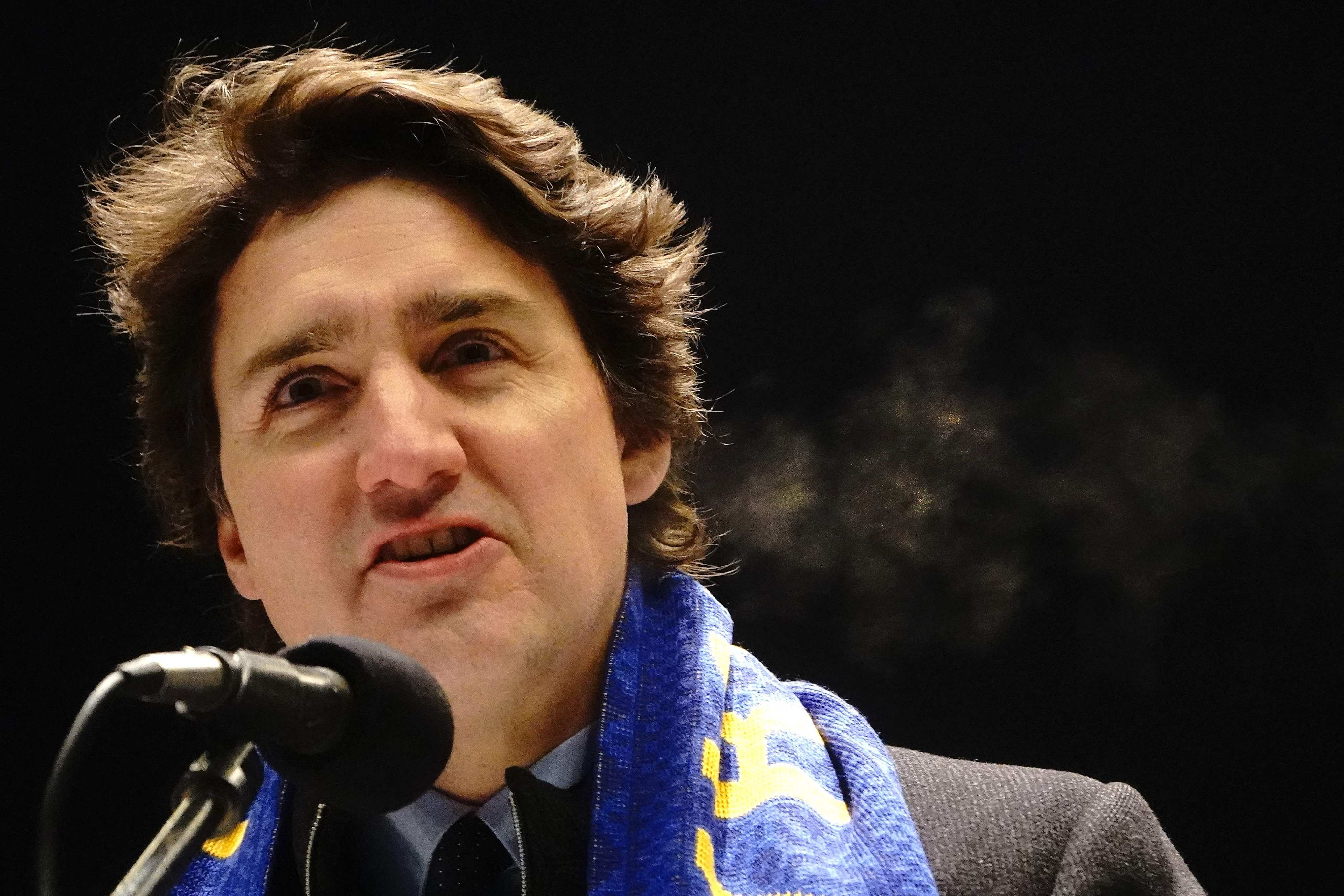 Canada’s Prime Minister Justin Trudeau speaks during a candlelight vigil to mark one year since Russia’s invasion of Ukraine in Toronto on Friday. Photo: AFP