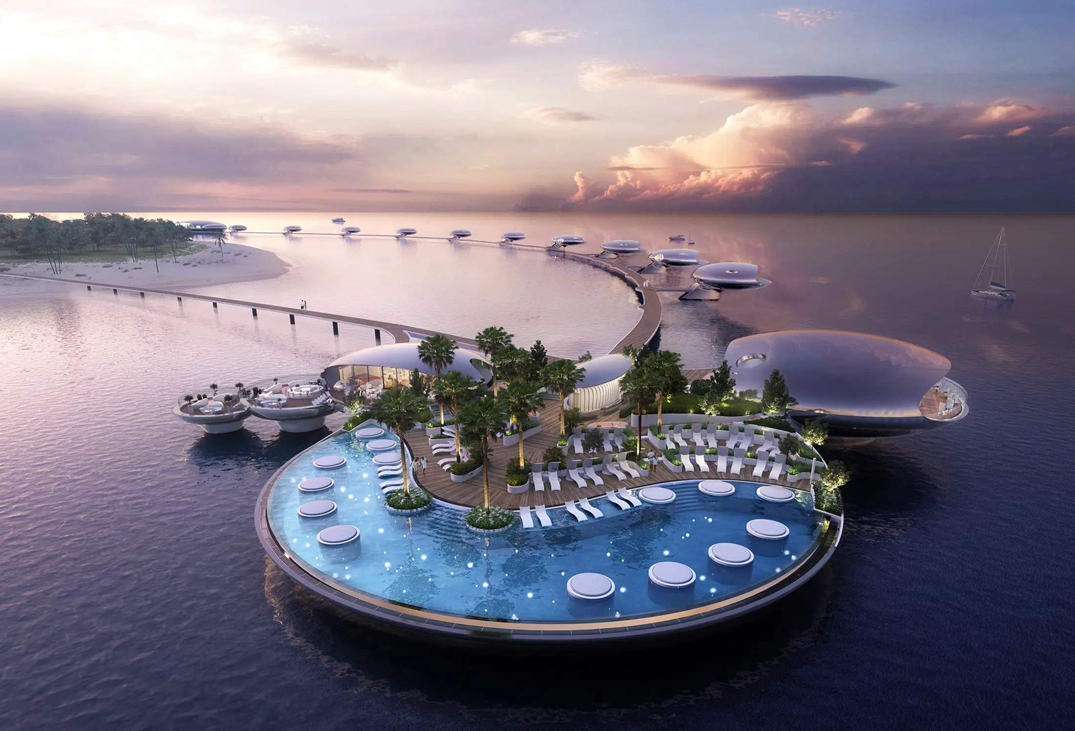 The first luxury pod-style overwater villas on Sheybarah Island in Saudi Arabia. Photo: Killa Design