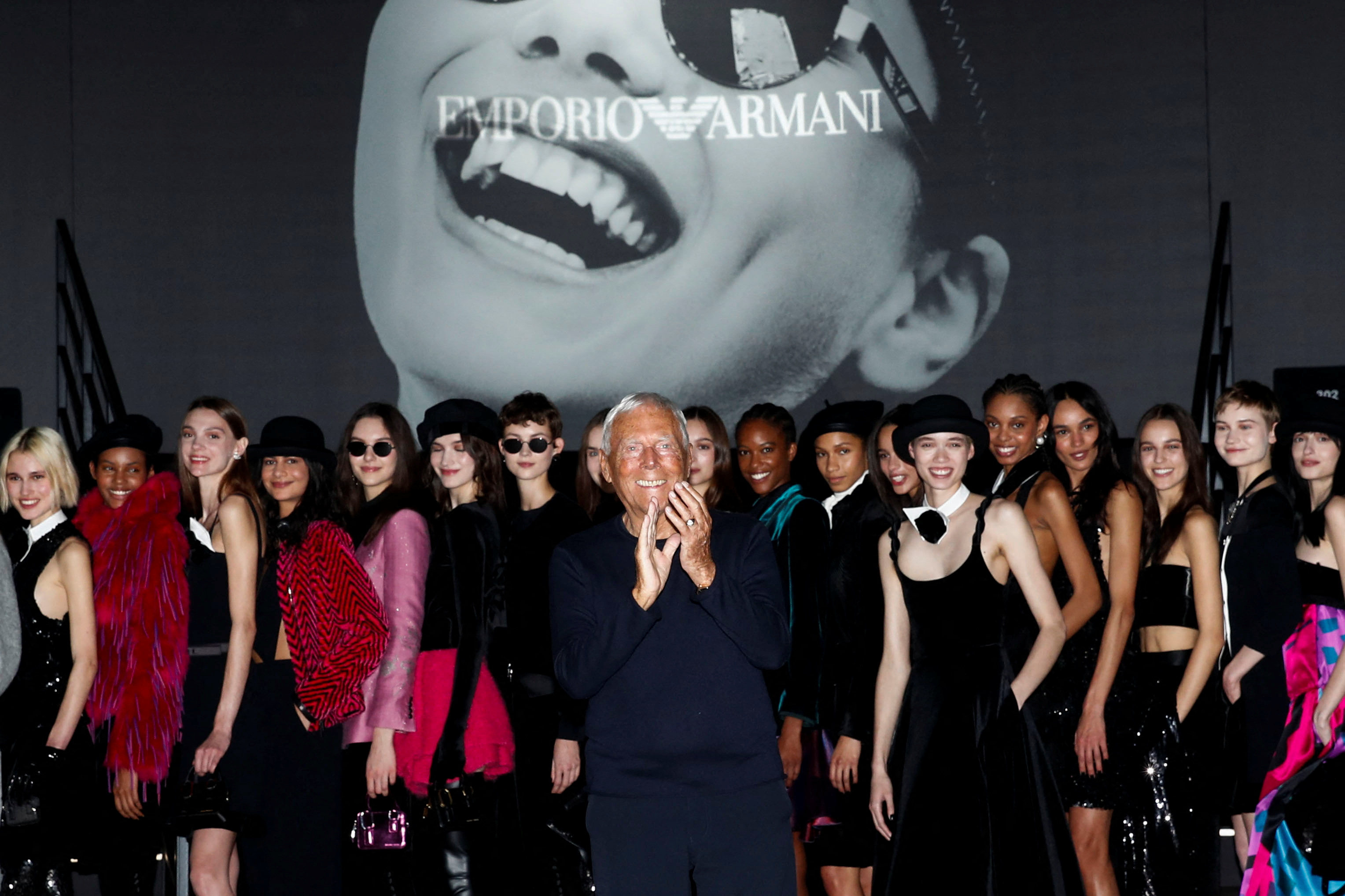 Giorgio Armani appears on the catwalk at the end of his Emporio Armani autumn/winter 2023-2024 show at Milan Fashion Week. Photo: Reuters