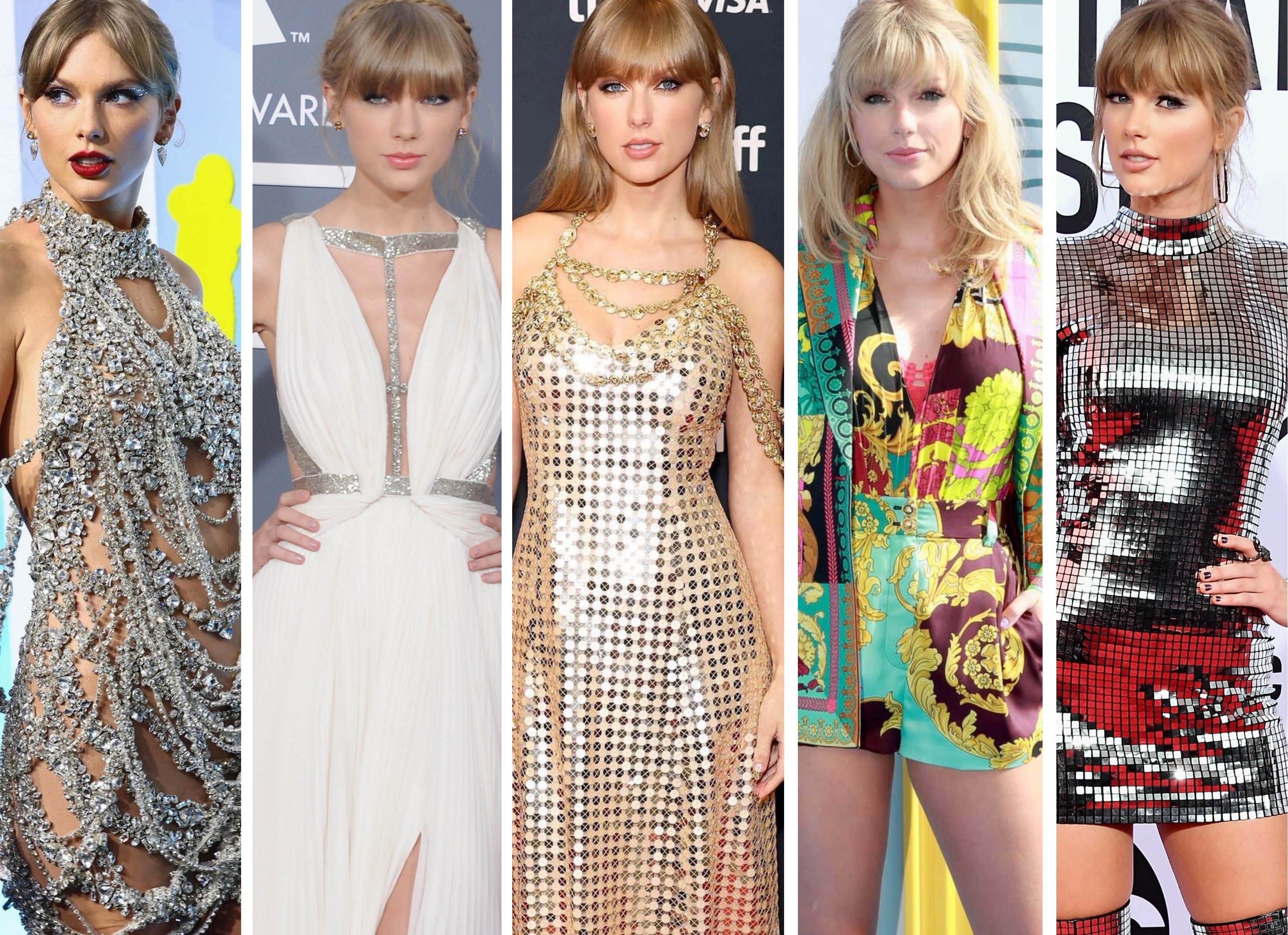 Taylor Swift loves wearing luxury designers to red carpet events. Photos: @oscardelarenta/Instagram; Film Magic; @louisvuitton/Instagram; @Versace/Facebook; WireImage