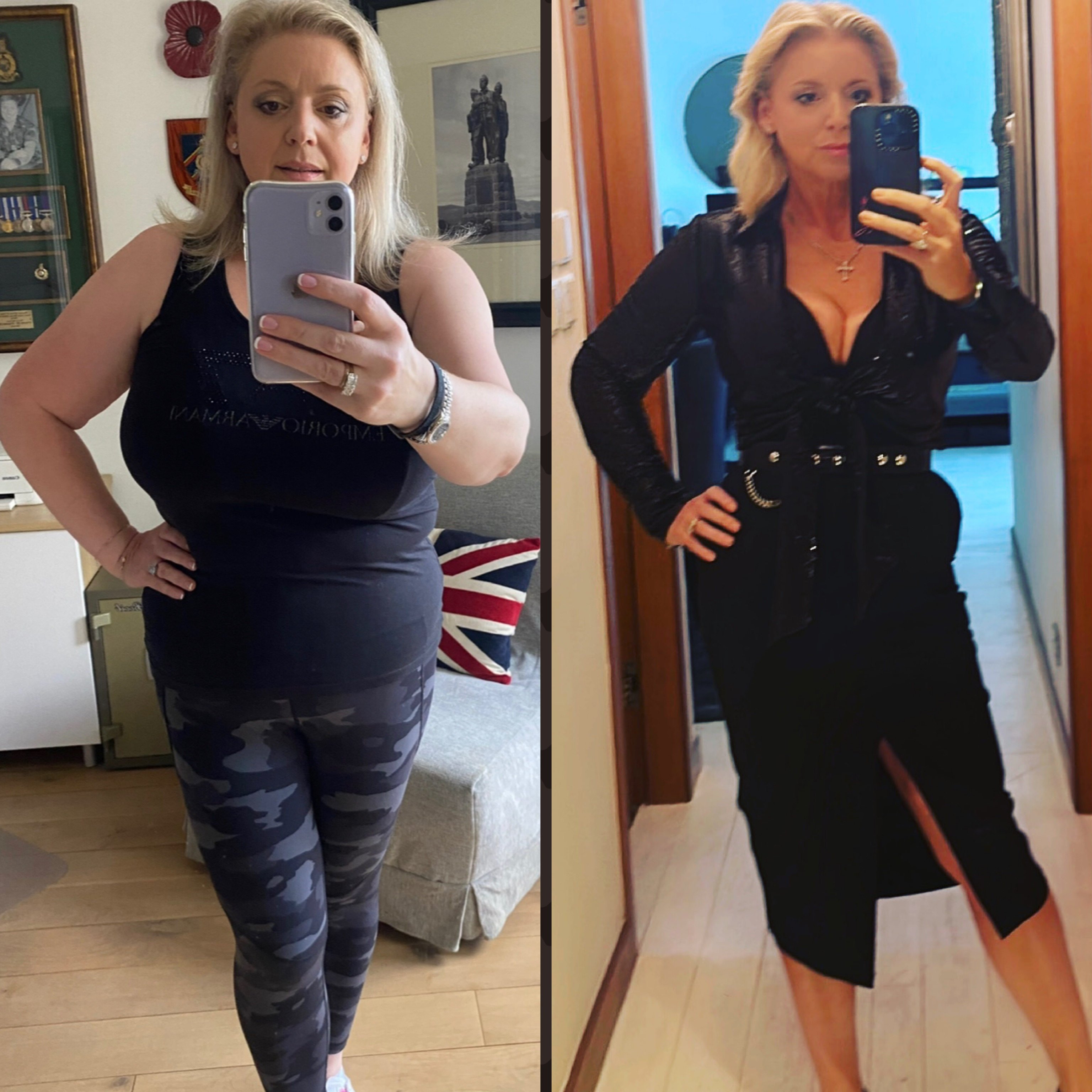 Jane Carroll before (left) and after her weight loss. She lost 30kg in seven months after joining a gym and hiring a personal trainer. Photo: Jane Carroll