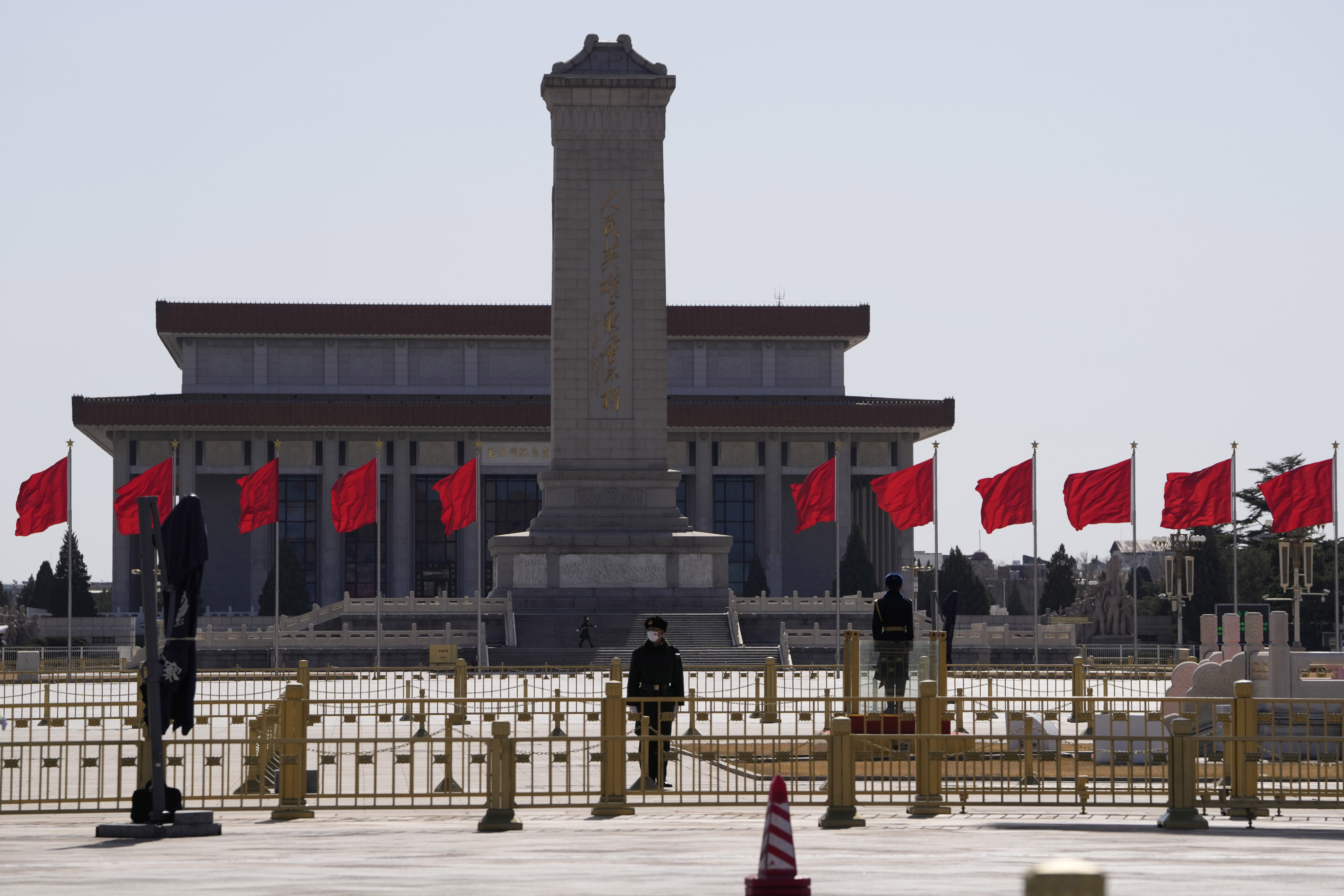 Security personnel guard Tiananmen Square ahead of the annual Congress in Beijing. Photo: AP