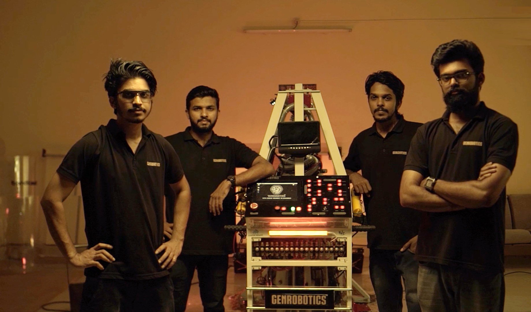 Genrobotics founders Vimal Govind, Rashid K, Arun George and Nikhil NP with the first prototype of the Bandicoot. Photo: Handout