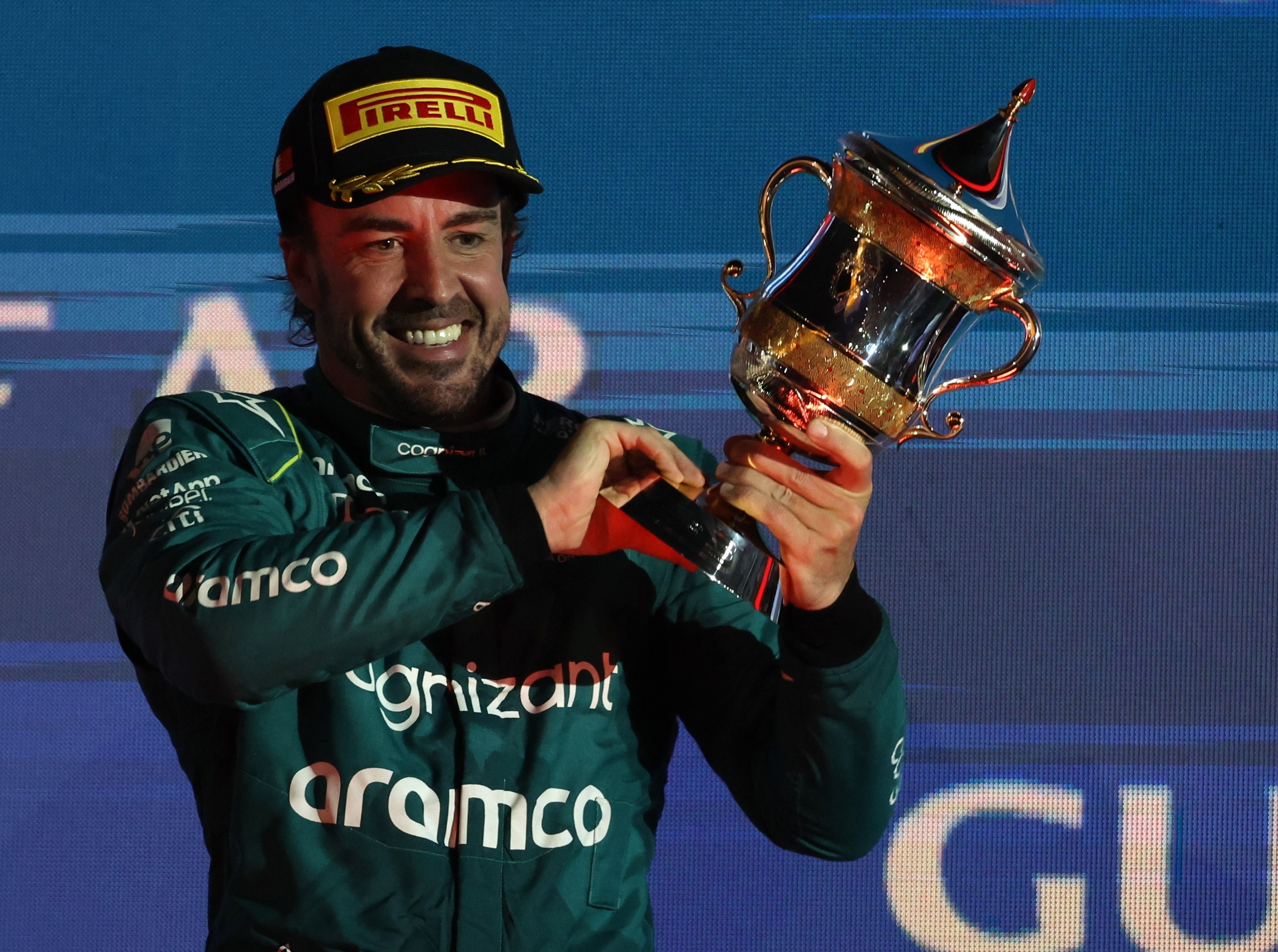 Fernando Alonso of Aston Martin celebrates taking third place at the Formula One Bahrain Grand Prix. Photo: EPA-EFE