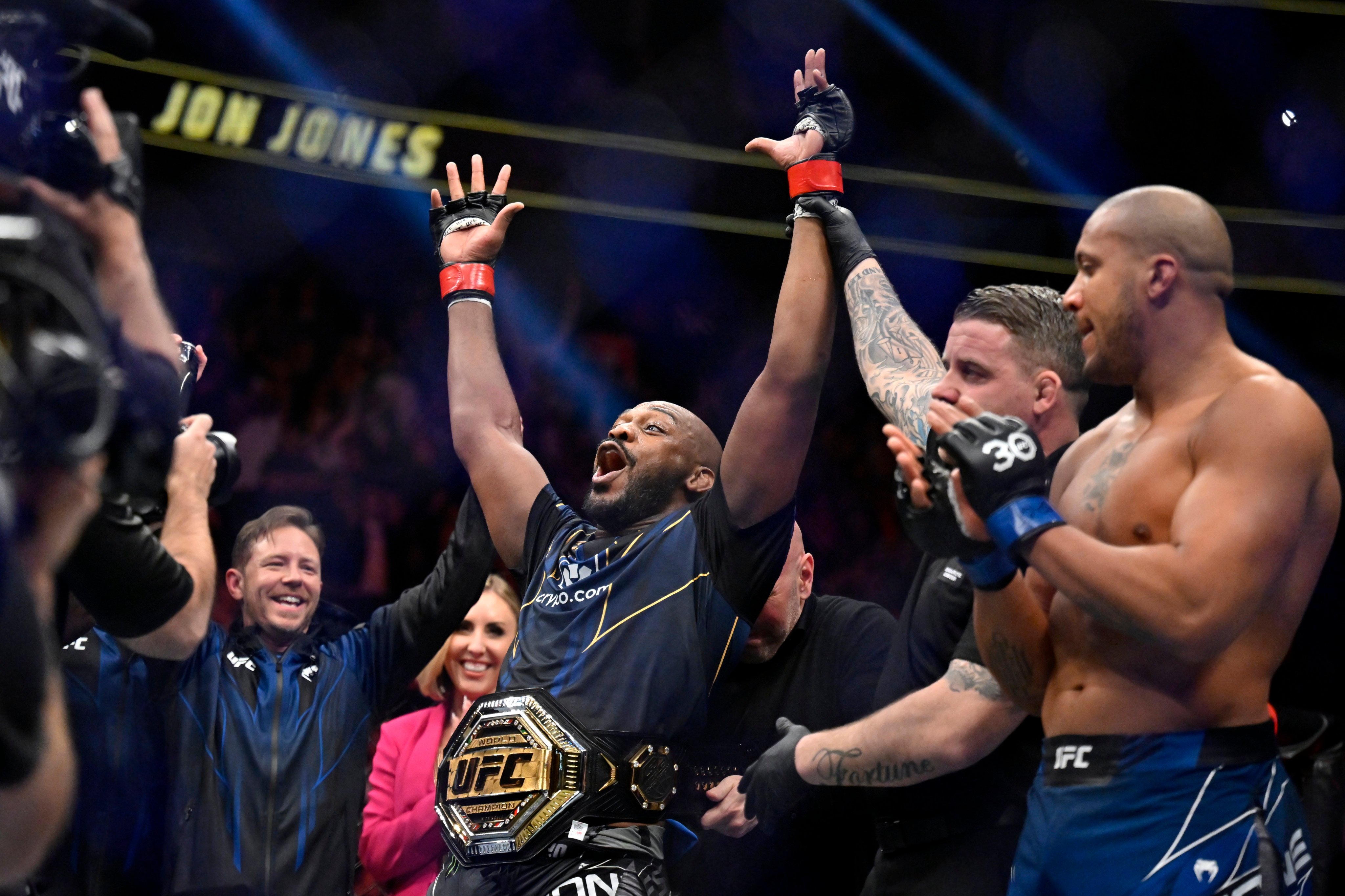 Jon Jones celebrates after beating Ciryl Gane for the heavyweight title at UFC 285. Photo: AP