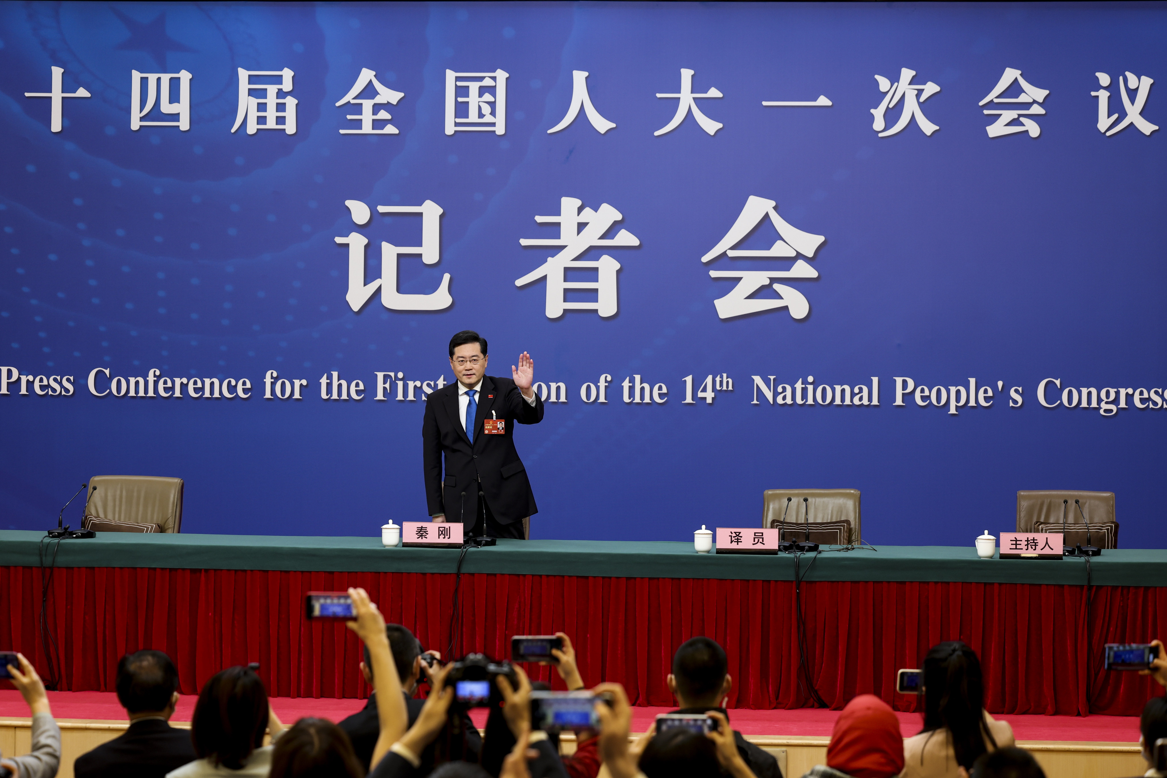 Foreign Minister Qin Gang arrives at the NPC media centre on Tuesday morning. Photo: Getty Images