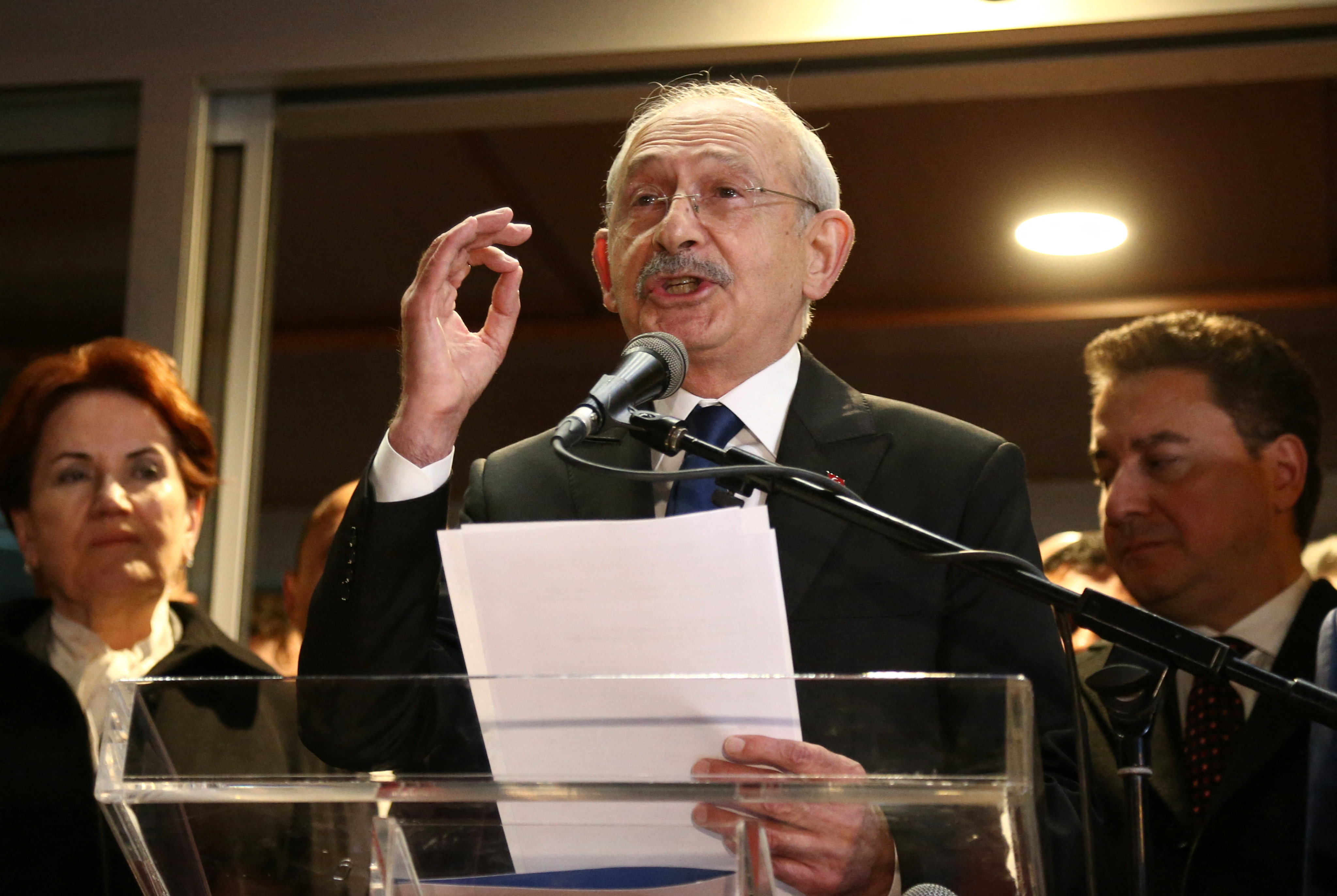 Turkey’s main opposition Republican People’s Party (CHP) leader Kemal Kilicdaroglu speaks to the media following a meeting of the opposition alliance in Ankara on Monday. Photo: Reuters