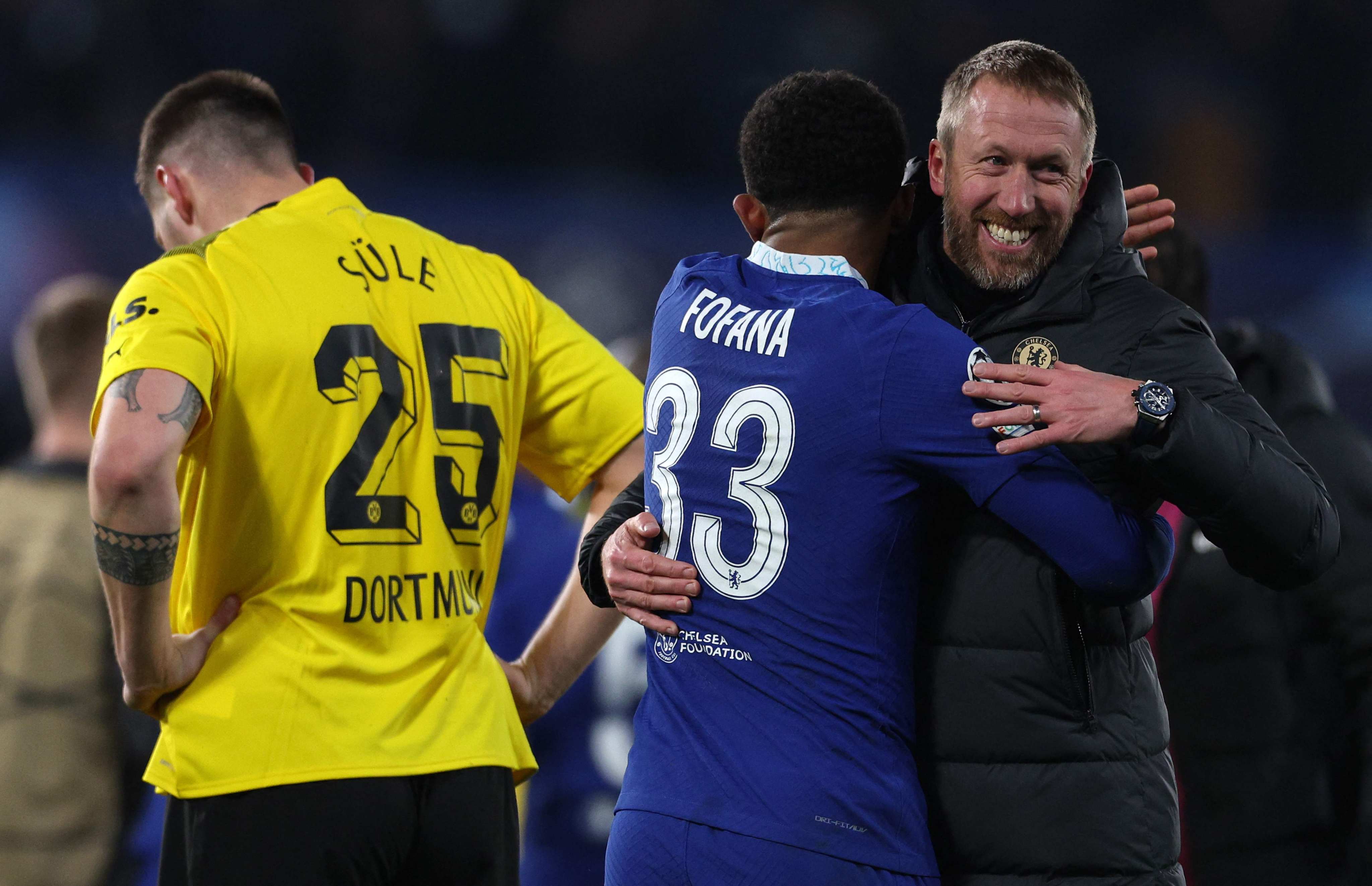 Chelsea head coach Graham Potter celebrates with defender Wesley Fofana after their Uefa Champions League round of 16 second-leg win against Borrusia Dortmund at Stamford Bridge. Photo: AFP