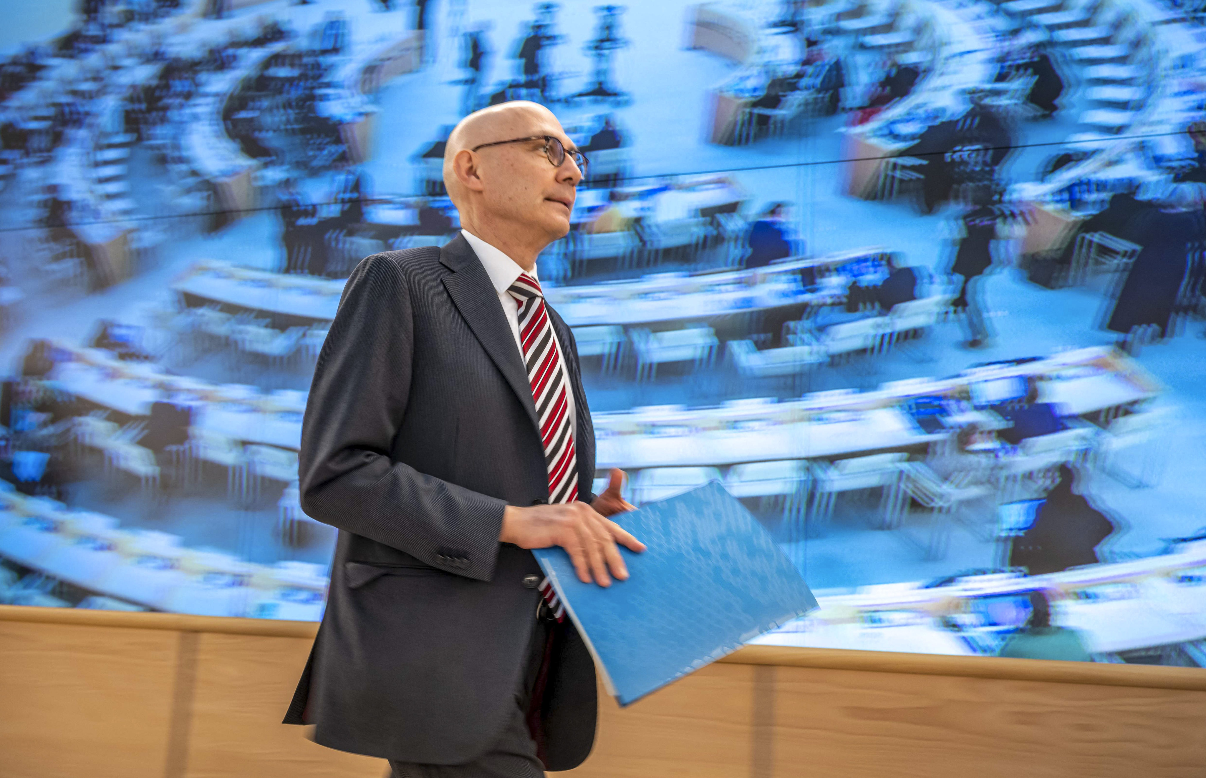 UN High Commissioner for Human Rights Volker Turk arriving for a session of the 52nd UN Human Rights Council, in Geneva, on Monday. Photo: AFP