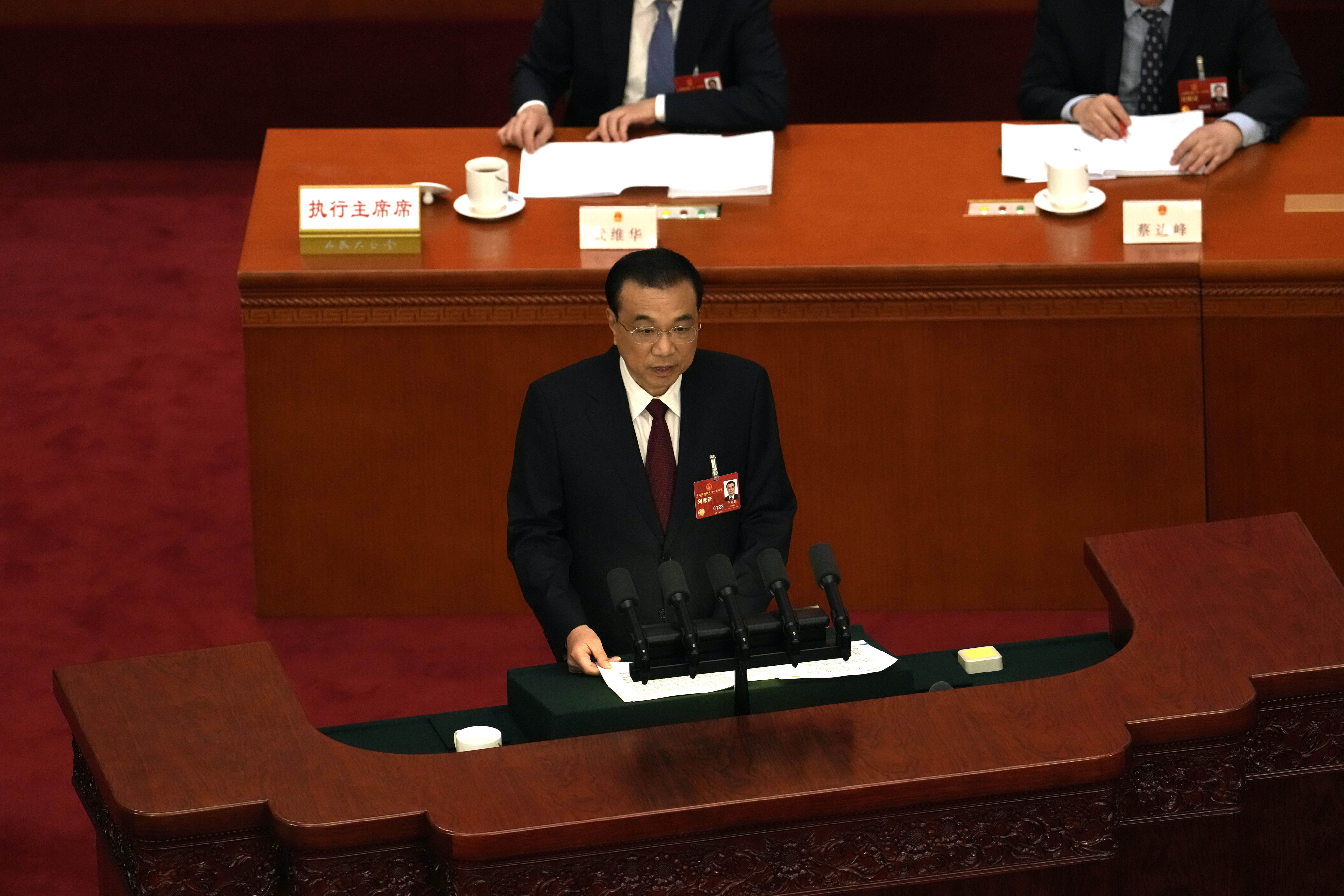 Chinese Premier Li Keqiang speaks during the opening session of China’s National People’s Congress in Beijing on Sunday. Photo: AP