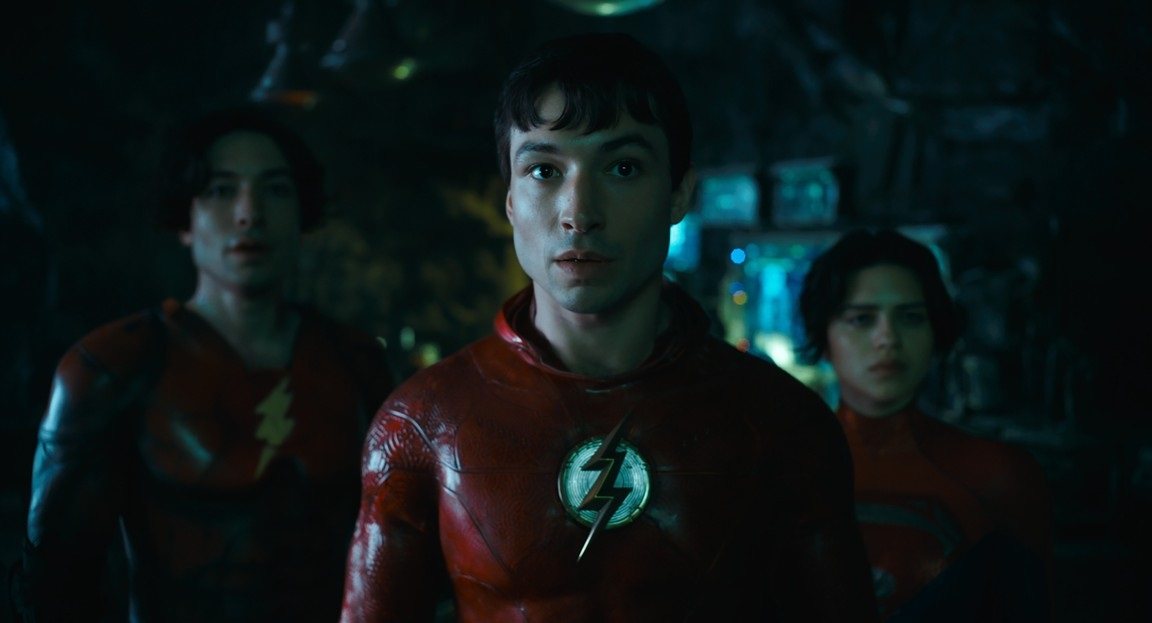 Ezra Miller (centre) in a still from The Flash, one of the best Hollywood movies hitting cinemas in spring 2023.