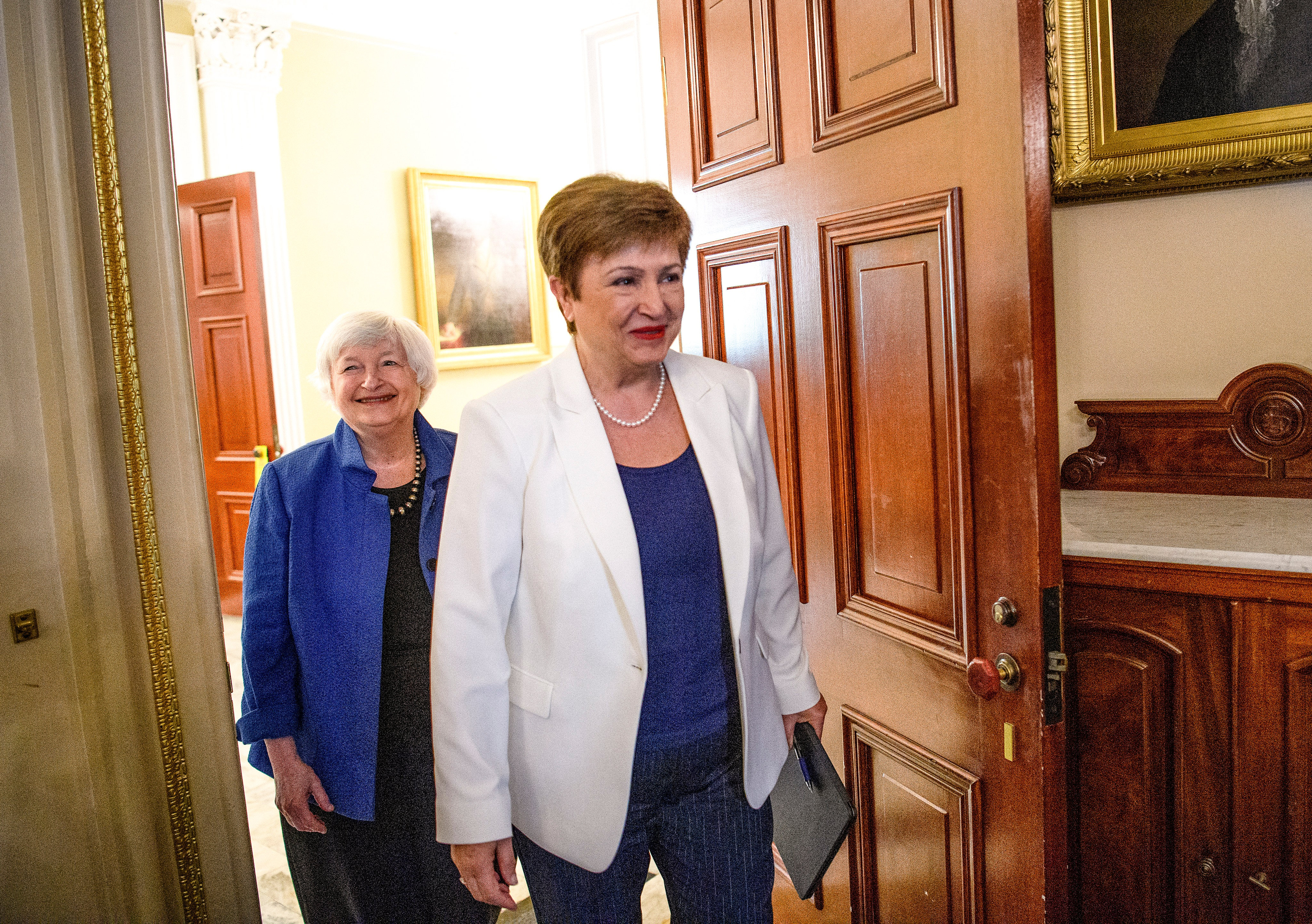 IMF managing director Kristalina Georgieva and US Treasury Secretary Janet Yellen, two of the most powerful women in the world, arrive for a meeting in Washington on July 1, 2021. Women play a critical role in driving economic growth and creating jobs with positive social, environmental and climate spillovers. Photo: AFP